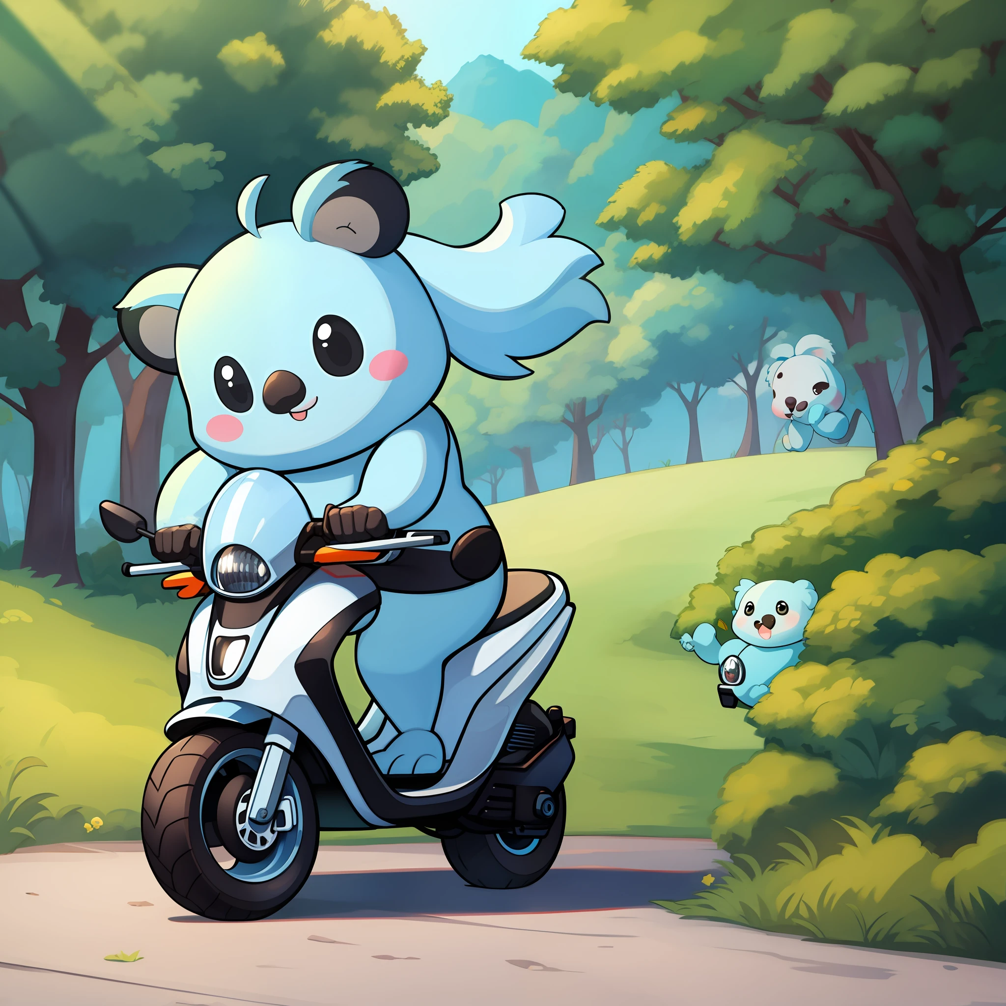 Chubby cute koala，Riding a scooter，Anthropomorphic style，Disney  style、 Black strokes，Stick figure style，8K，