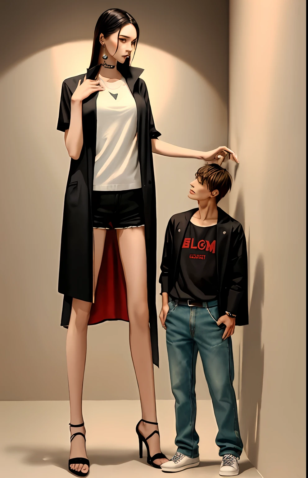 The woman stands next to a man in casual clothes, tall and small, She is tall, Tall and slim, Size difference, , Very tall, Height 250 cm, very tall and slender, Height is 170 cm, very very very tall, Slim and tall, height detailed hd realistic 8 k,Shen He