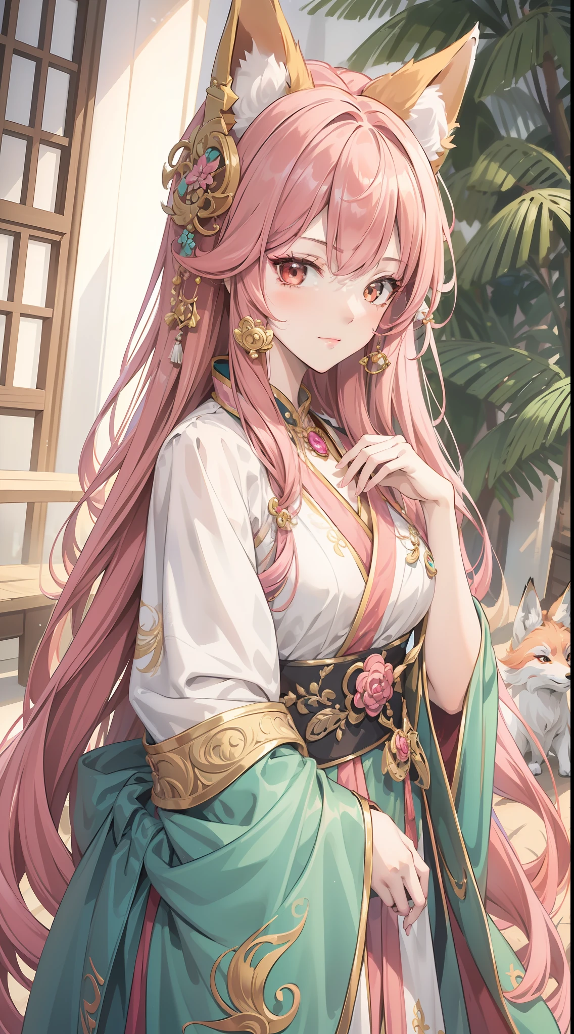 (Masterpiece:1.2, Best quality), (Very detailed face, Intricate details),Casual,，one-girl，Pink hair，a fox，Girl with fox ears，Cyan clothes，Raised sexy，