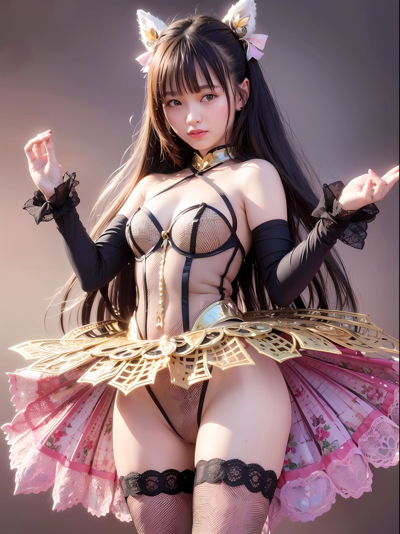 (dynamicposes:1.4)、 (dynamic ungle:1.4)、hyper detailed background、(Near Future City:1.2)、((top-quality、8K、masterpiece:1.3))、1girl in、A smile、full body Esbian、Slim Faces、Pretty women、(Silvery hair:1.1)、hyperdetailed face、A detailed eye、二重まぶた、blured background、Slim Faces、Cute、extremely delicate and beautiful、A mischievous grinning face、Overall、ultra-detailliert、4K、masutepiece、small mouth、((Colossal tits))、(magicalgirl、Leotard、frilld、highleg、Strapless、Strapless Bras:1.4)、hime-cut、Small smiling mouth、a small face、low angles、(pantyshot:1.1)、