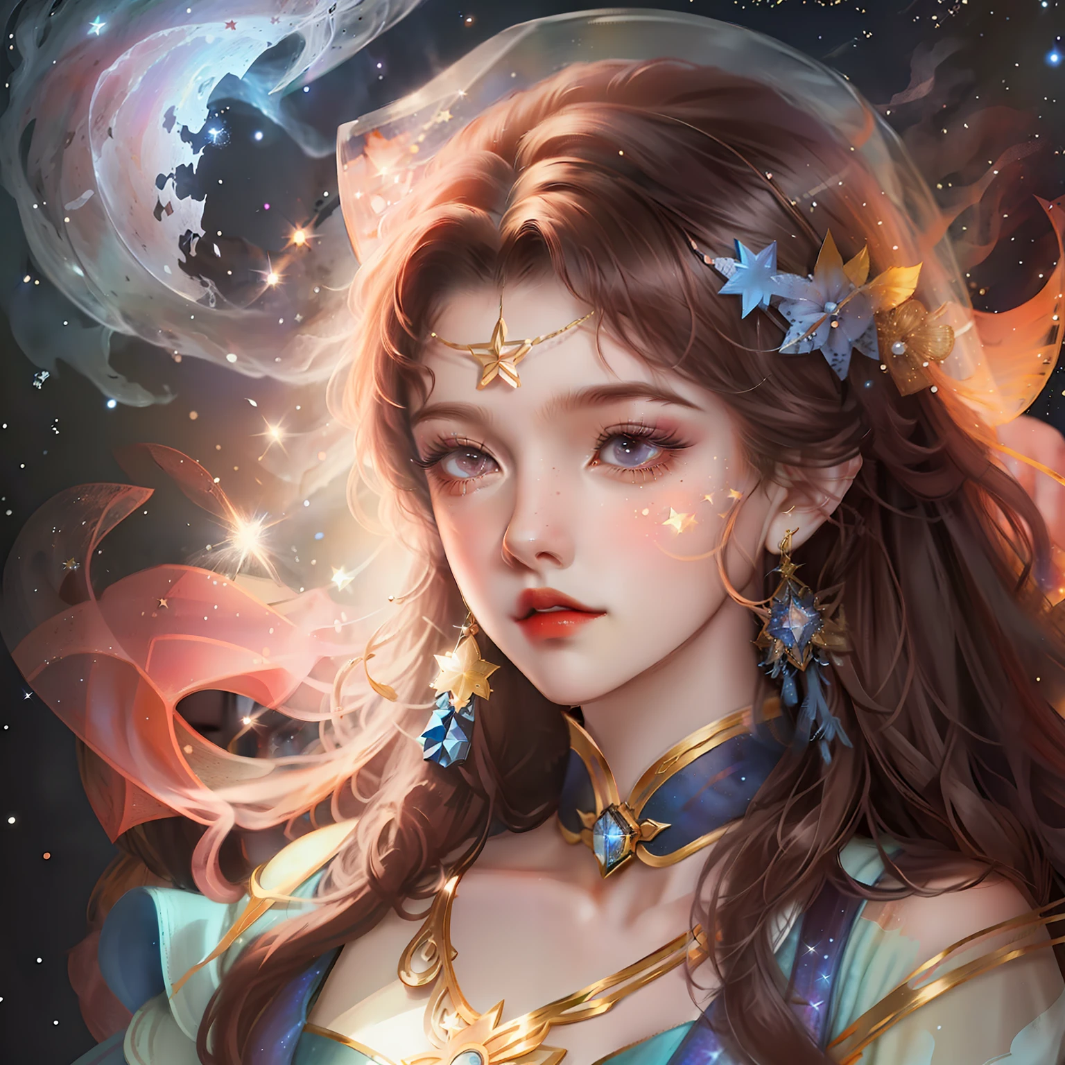 Girl with brown hair。Starry sky nebula in the background,The stars twinkle