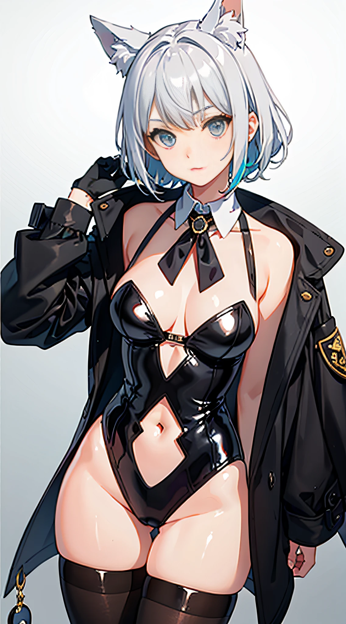 （（Little sister））， realisticlying， best qualtiy， （（（（（revealing breasts： 1.5））））， （（open collared shirt））， （Short coat））））， （Canine ears））））， full bodyesbian， （hot pant）， （20 yrs）， （（Colored tights： 1.5））， （Large breasts： 1.9））））， （Raised  ： 1.8）））））， （（（（（opening legs： 1.8）