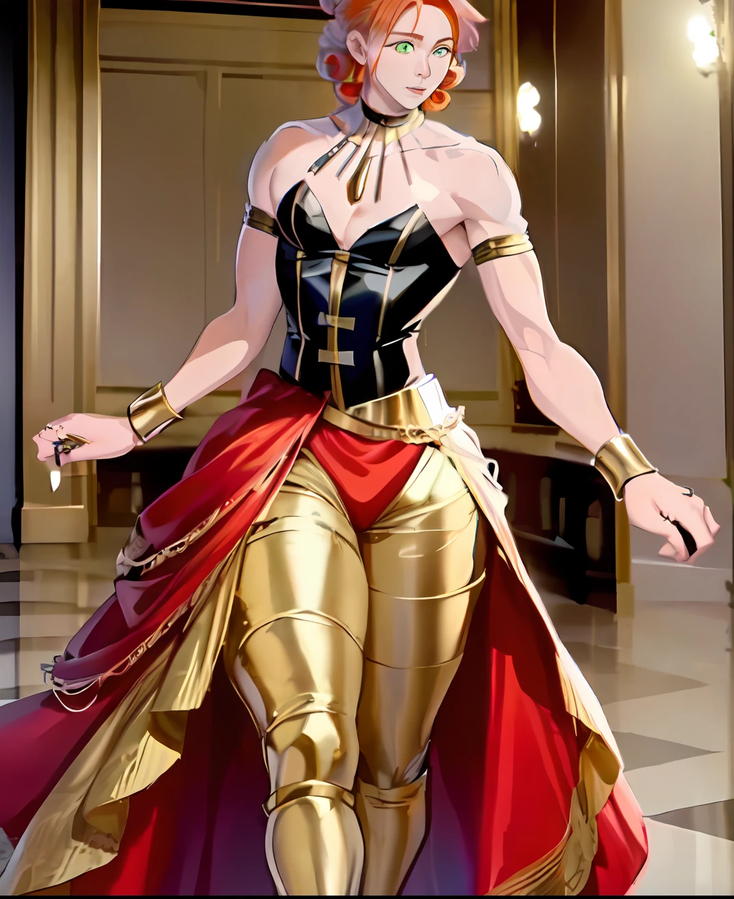 best quality, masterpiece, solo, (( Tall ,Feminine))anime Male in red Dress with crown,( Red corset, Skirt trail), wearing an ornate outfit, anime princess, in a fancy elaborate dress, ((Long Orange Hair:1.4)), ((hair styled in Ringlets:1.3)),((Green eyes)),((Wide Hips)) , ((Thick Thighs )), Background(Ballroom))