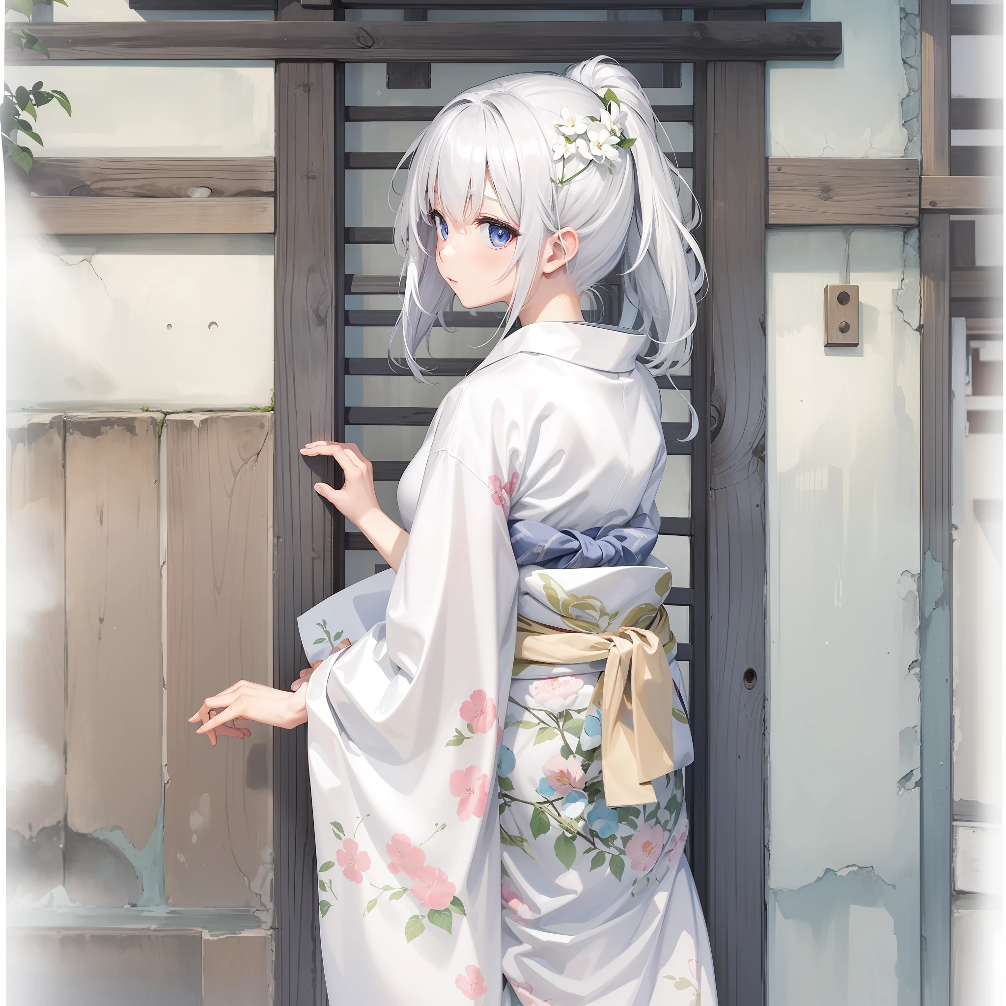 White yukata、White hair、both hands in front、Girl peeking out from the top of the wall、