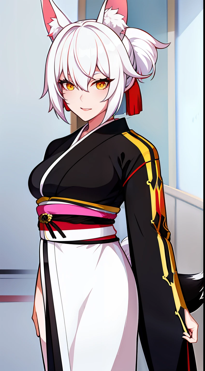Adult woman, short white hair, high ponytail, fox ears and tail, Yellow eyes, black funeral kimono, pink lipstick, Masterpiece, hiquality