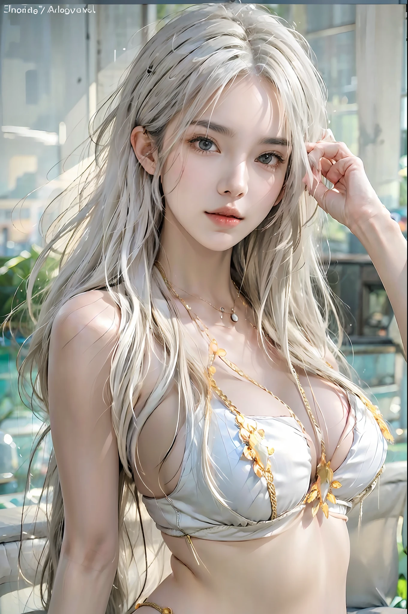 photorealistic, high resolution, 1 woman, hips up, white long hair, beautiful eyes, normal breast, bikini, beach