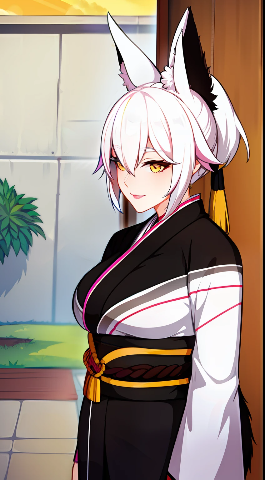 Adult woman, short white hair, high ponytail, fox ears and tail, Yellow eyes, black funeral kimono, pink lipstick, Masterpiece, hiquality