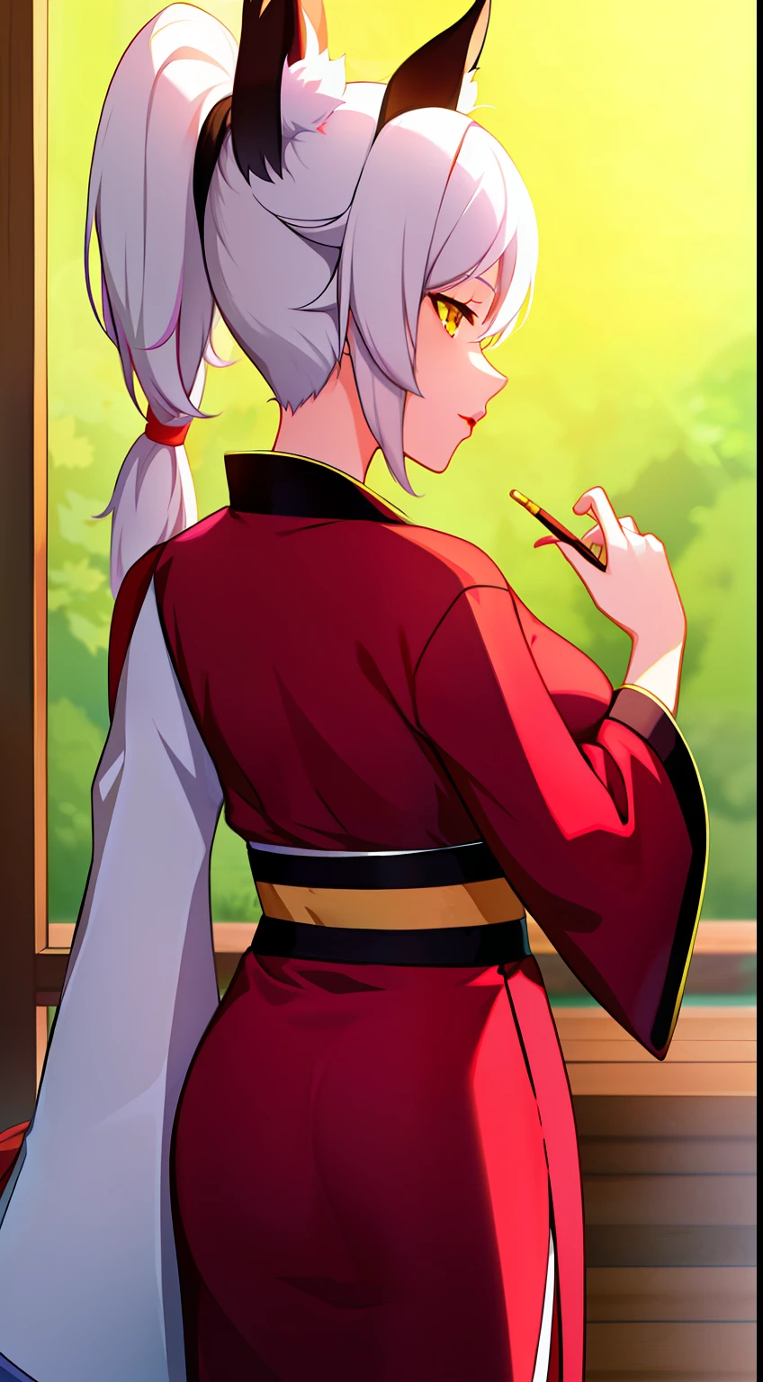 Adult woman, short white hair, high ponytail, fox ears and tail, Yellow eyes, black funeral kimono, pink lipstick, Masterpiece, hiquality