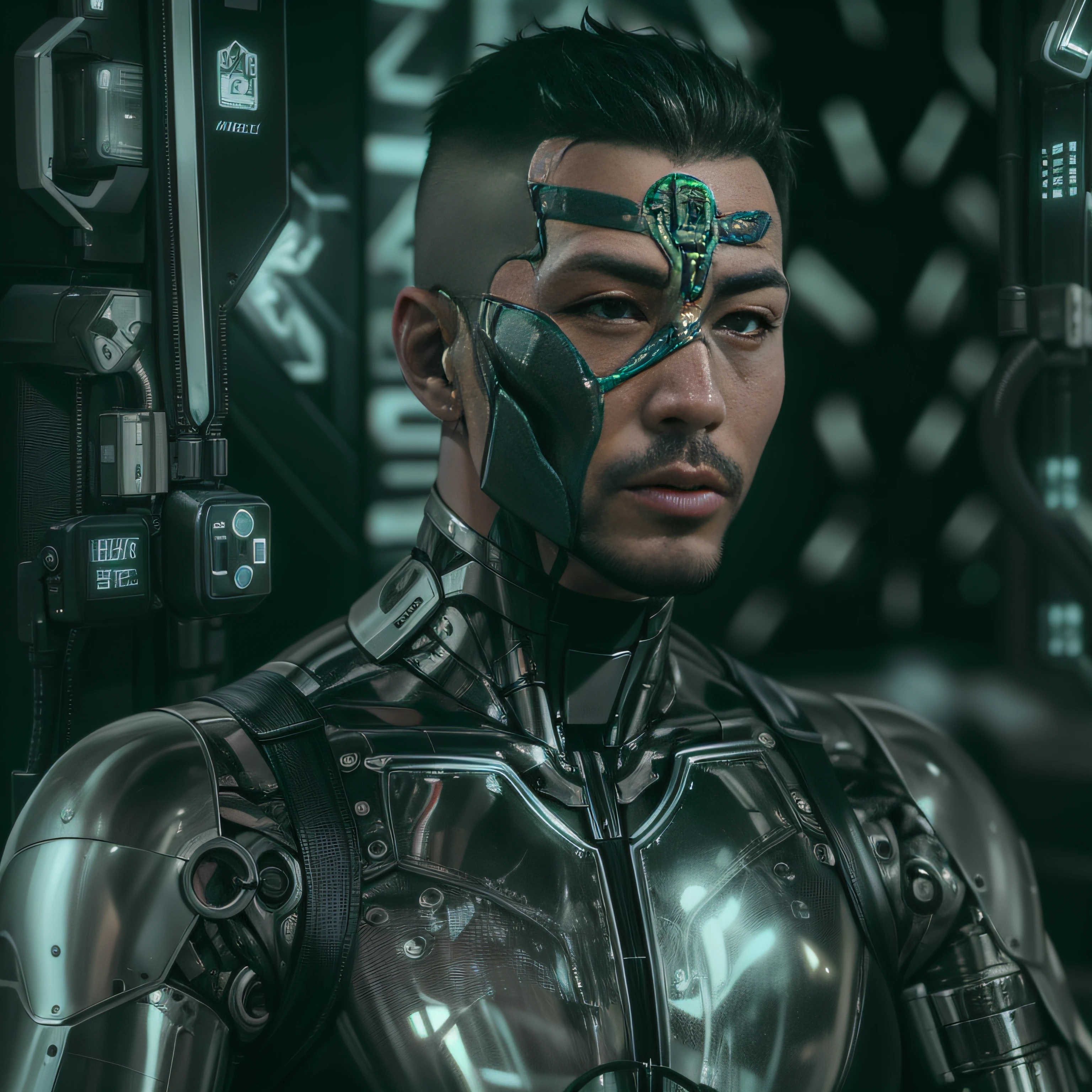 (An Alfied man wearing a black transparent latex suit，Translucent latex garments：1.5)，（Metallic body, bionic scifi alexandre ferra, cyborg neck, cyborg male, male cyborg, cyborg fashion model, portrait of a cyborg, detailed portrait of a cyborg, cybernetic neck implant, portrait of a futuristic robot ：1.3）（dystopian sci-fi character, sci - fi character, portrait of a cyberpunk cyborg：1.2）（8K，Extreme detail，Hair in extreme detail，Ultra photo realsisim，cinmatic lighting：1.1）（Asian supermodel face，Strong muscles and perfectly curved body，Extreme sexual tension，Hormonal explosion，whole body display：1.2）（Short hair, Light beard, Stubble masculinity，Muscular macho，No clothes on，Only a pair of thongs was worn，Extremely sexy and provocative：1.5）