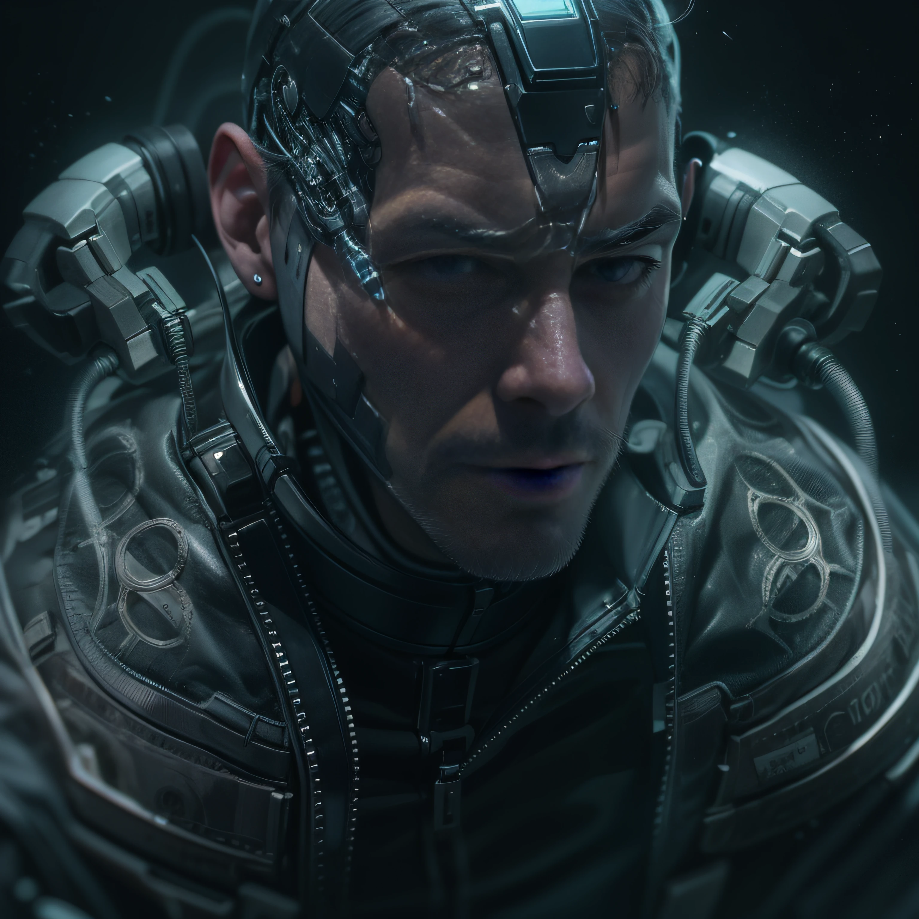 (An Alfied man wearing a black transparent latex suit,Translucent latex garments:1.5),(Metallic body, bionic scifi alexandre ferra, cyborg neck, cyborg male, male cyborg, cyborg fashion model, portrait of a cyborg, detailed portrait of a cyborg, cybernetic neck implant, portrait of a futuristic robot :1.3)(dystopian sci-fi character, sci - fi character, portrait of a cyberpunk cyborg:1.2)(8K,Extreme detail,Hair in extreme detail,Ultra photo realsisim,cinmatic lighting:1.1)(Asian supermodel face,Strong muscles and perfectly curved body,Extreme sexual tension,Hormonal explosion,whole body display:1.2)(Short hair, Light beard, Stubble masculinity,Muscular macho,No clothes on,Only a pair of thongs was worn,Extremely sexy and provocative:1.5)