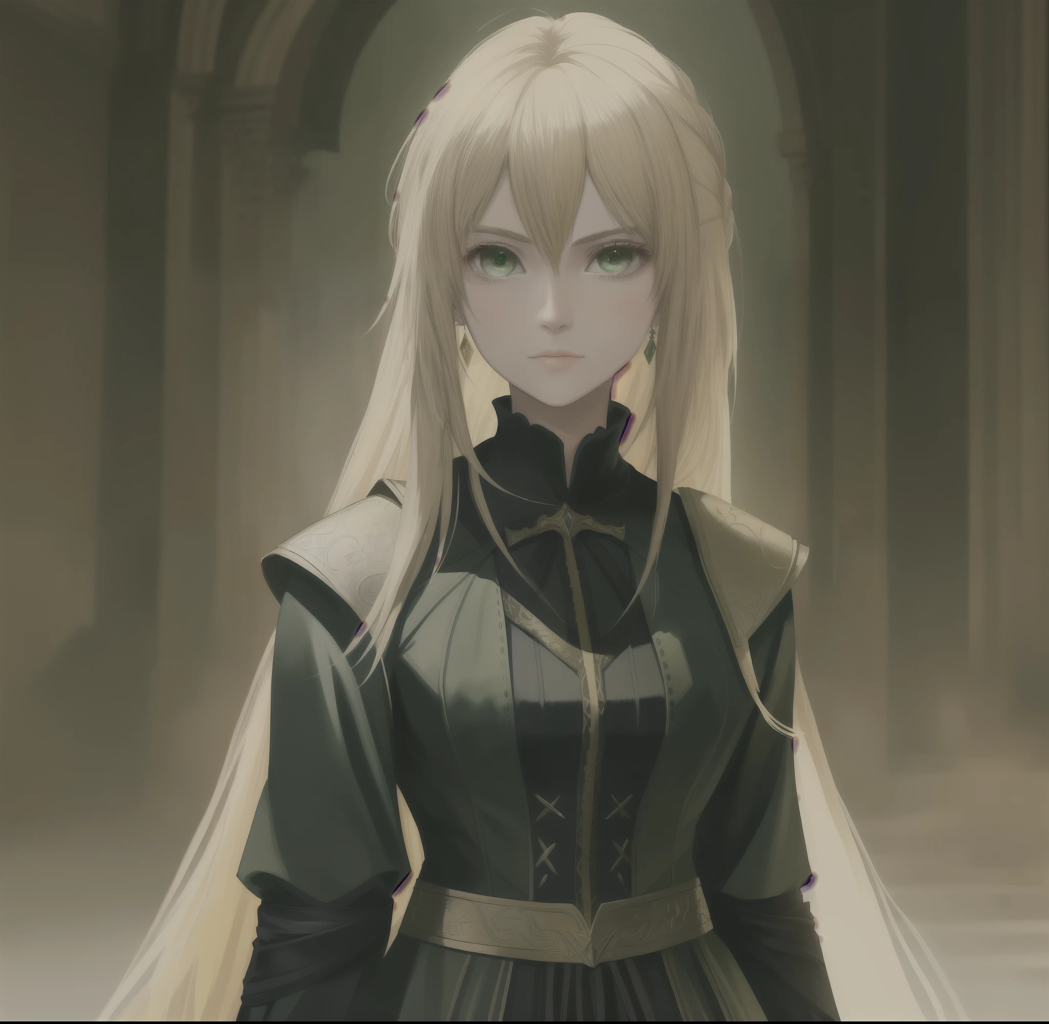 20 year old female，Luxurious beige Gothic costumes，nobles，vest，cabellos largos dorados，By bangs，Green eyes，with a determined look in his eyes，Rich families，The body has yellow scales，fight the enemy，poised to strike，The background is a Gothic Western European manor，((High quality))((High detail))4K((Masterpiece))（（dragon scale：0.4））Pure，（（brightcolors：1.5））Fantastic style