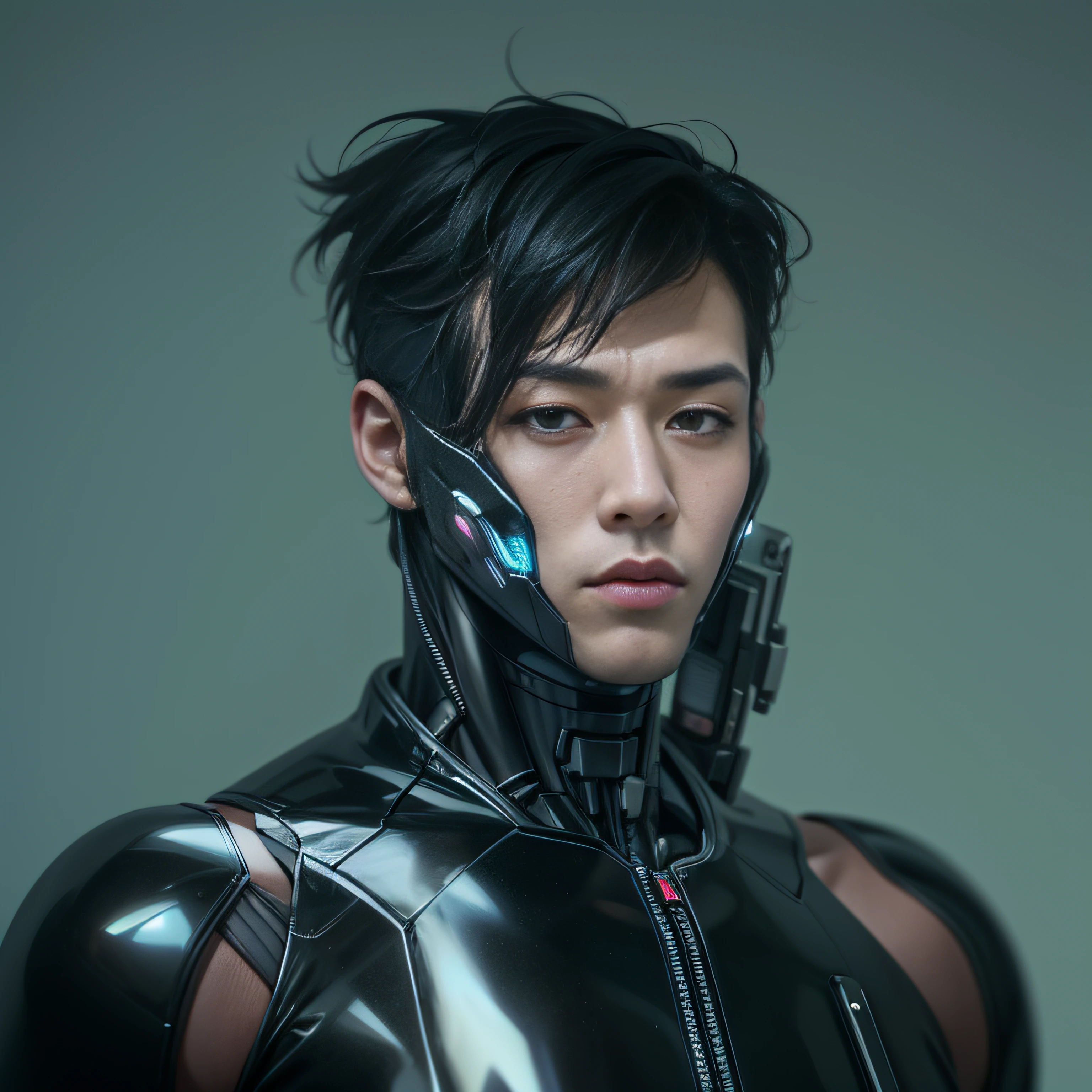 (An Alfied man wearing a black transparent latex suit,Translucent latex garments:1.5),(Metallic body, bionic scifi alexandre ferra, cyborg neck, cyborg male, male cyborg, cyborg fashion model, portrait of a cyborg, detailed portrait of a cyborg, cybernetic neck implant, portrait of a futuristic robot :1.3)(dystopian sci-fi character, sci - fi character, portrait of a cyberpunk cyborg:1.2)(8K,Extreme detail,Hair in extreme detail,Ultra photo realsisim,cinmatic lighting:1.1)(Asian supermodel face,Strong muscles and perfectly curved body,Extreme sexual tension,Hormonal explosion,whole body display:1.2)(Short hair, Light beard, Stubble masculinity,Muscular macho,No clothes on,Only a pair of thongs was worn,Extremely sexy and provocative:1.5)