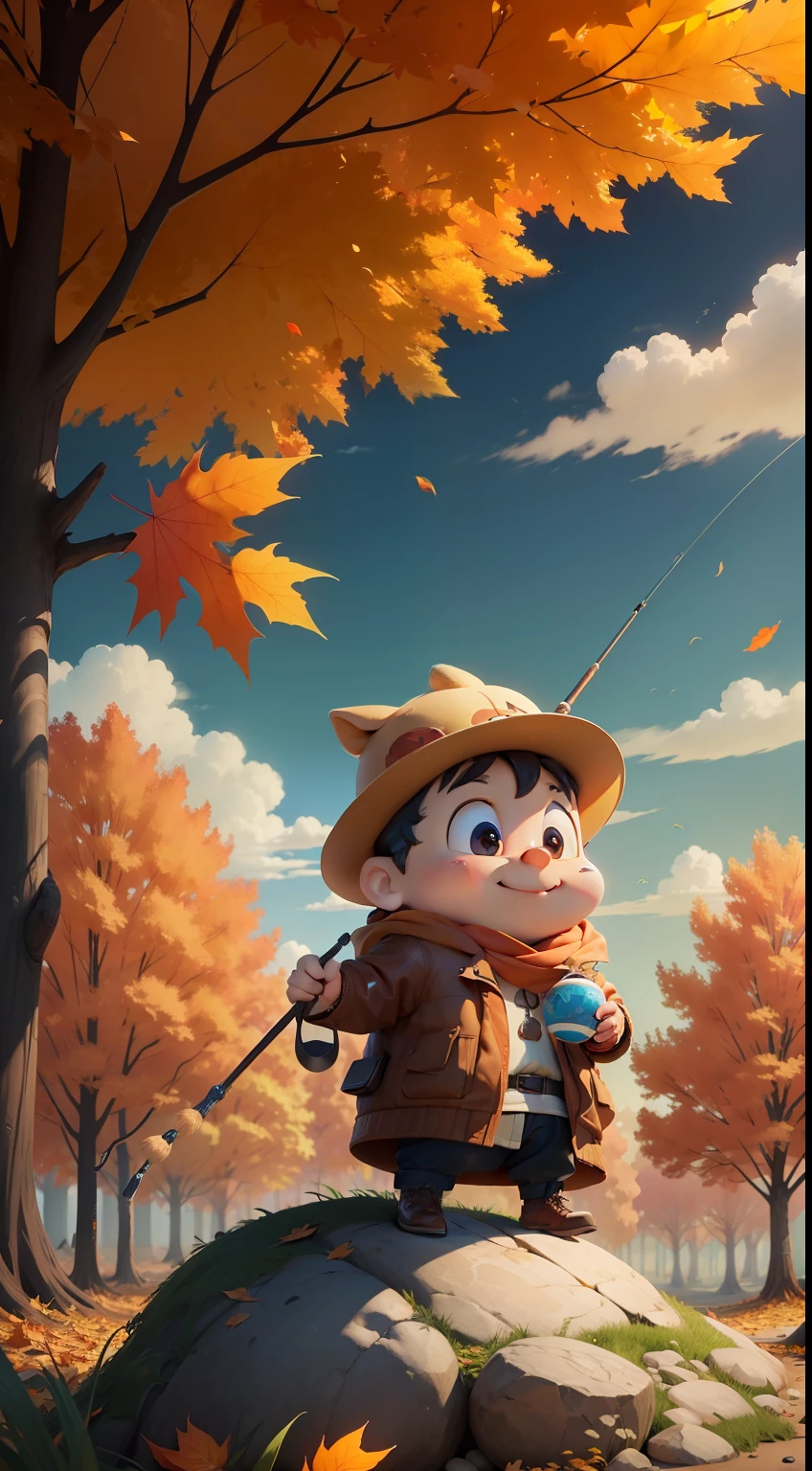 Features cartoon characters,Creative and childlike。In this poster,You can see a cute cartoon character fishing,It brings you autumn colors and breath。And the color scheme is just right,Strengthen the theme of this autumn solar term,At the same time, It also brings a pleasant mood。The background of the poster is also designed to be interesting,You can see the fascinating fallen leaves,Create warmth、Harvest atmosphere。This poster shows both the theme of autumn,3D