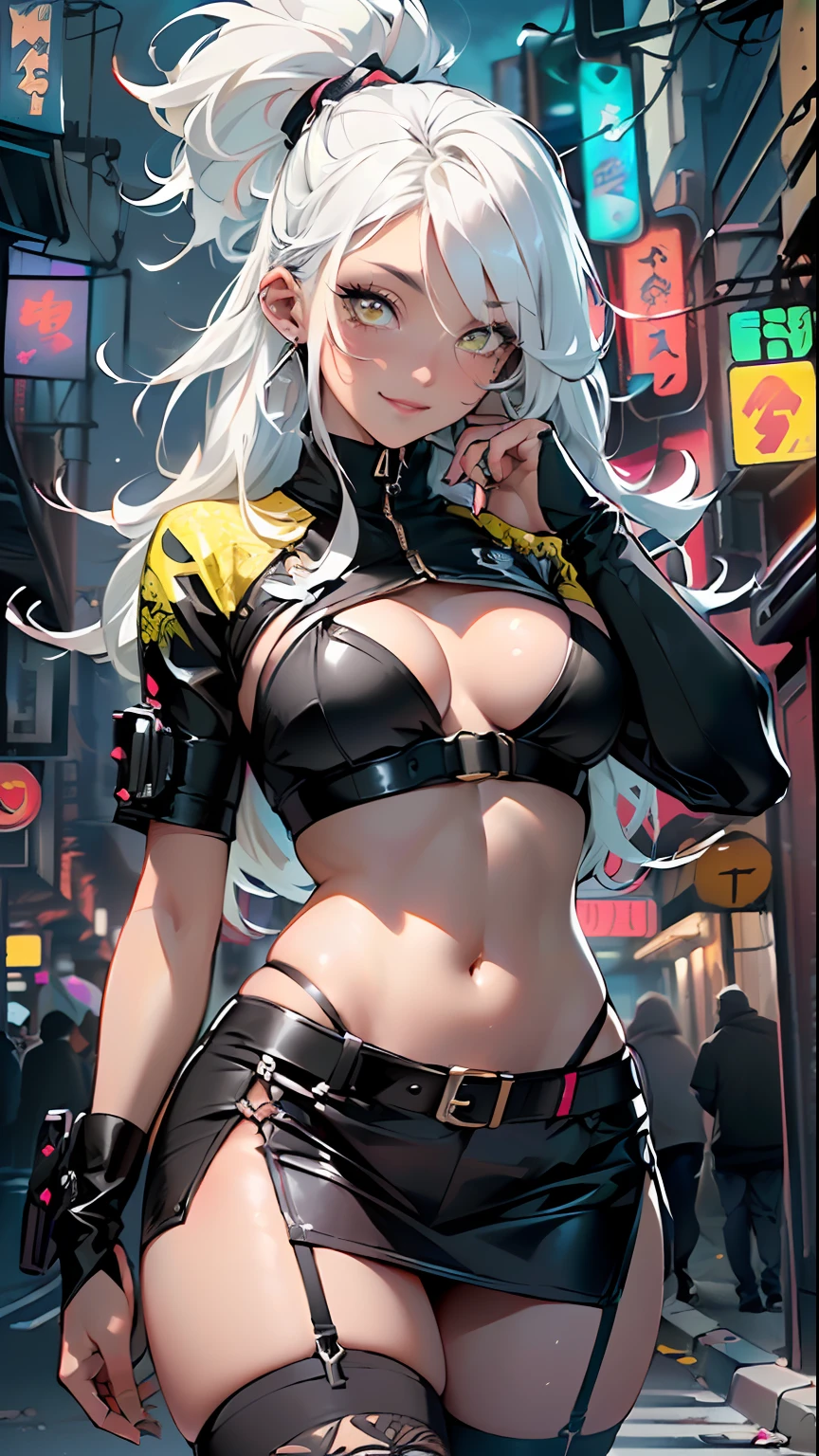 dark skin,very dark skin,dark_skin,
girl rave,(((1girl))),((anime girl with extremely cute and beautiful white hair walking seductively down the street)),
(large breasts:1.4),saggy breasts,(((white hair:1.35, straight hair, long hair:1.4, colored inner hair,ear breathing))),((very light yellow eyes:1.3,upturned eyes:1.3,perfect eyes,beautiful detailed eyes,gradient eyes:1,finely detailed beautiful eyes:1,symmetrical eyes:1,big highlight on eyes:1.2)),((fat)),((((black girl, black skin, dark-skinned_female, dark skin:1.3, ebony skin,lustrous skin:1.5,bright skin: 1.5,shiny skin,very shiny skin,shiny body,plastic glitter skin,exaggerated shiny skin, shiny skin like ebony))),(spider lower abdomen,narrow waist,wide hip,athletic body,inflated legs,delicate detailed fingers,detailed body,detailed arms,human hands, detailed hands),
cute,slutty,seductive,erotic,nsfw,
zettai ryouiki,revealing clothing,show skin,((rave shirt with an yellow print, rave mini-skirt,visible thong straps)),(wearing a rave outfit:1.3,rave clothes,semi-naked,with little clothing,),(detailed outfit,detailed clothes),
(dynamic pose:1.0),solo focus,((mischievous smile)),centered,scale to fit dimensions,Rule of thirds,
outdoors, ((night view)), (cyberpunk night street Background: 1.5,dark sky,alleyway,lonely alley,thick clouds, detailed background:1.25),
(best quality), (high resolution), (sharp focus), (ultra detailed), (extremely detailed), (extremely high quality artwork), 8k_wallpaper, (extremely detailed CG 8k),(very fine 8K CG), ((hyper super ultra detailed perfect piece)), flawless, (((masterpiece))), illustration, vibrant colors, (intricate), High contrast, Selective lighting, Double exposure, HDR (High Dynamic Range), Post-processing, Background blur,