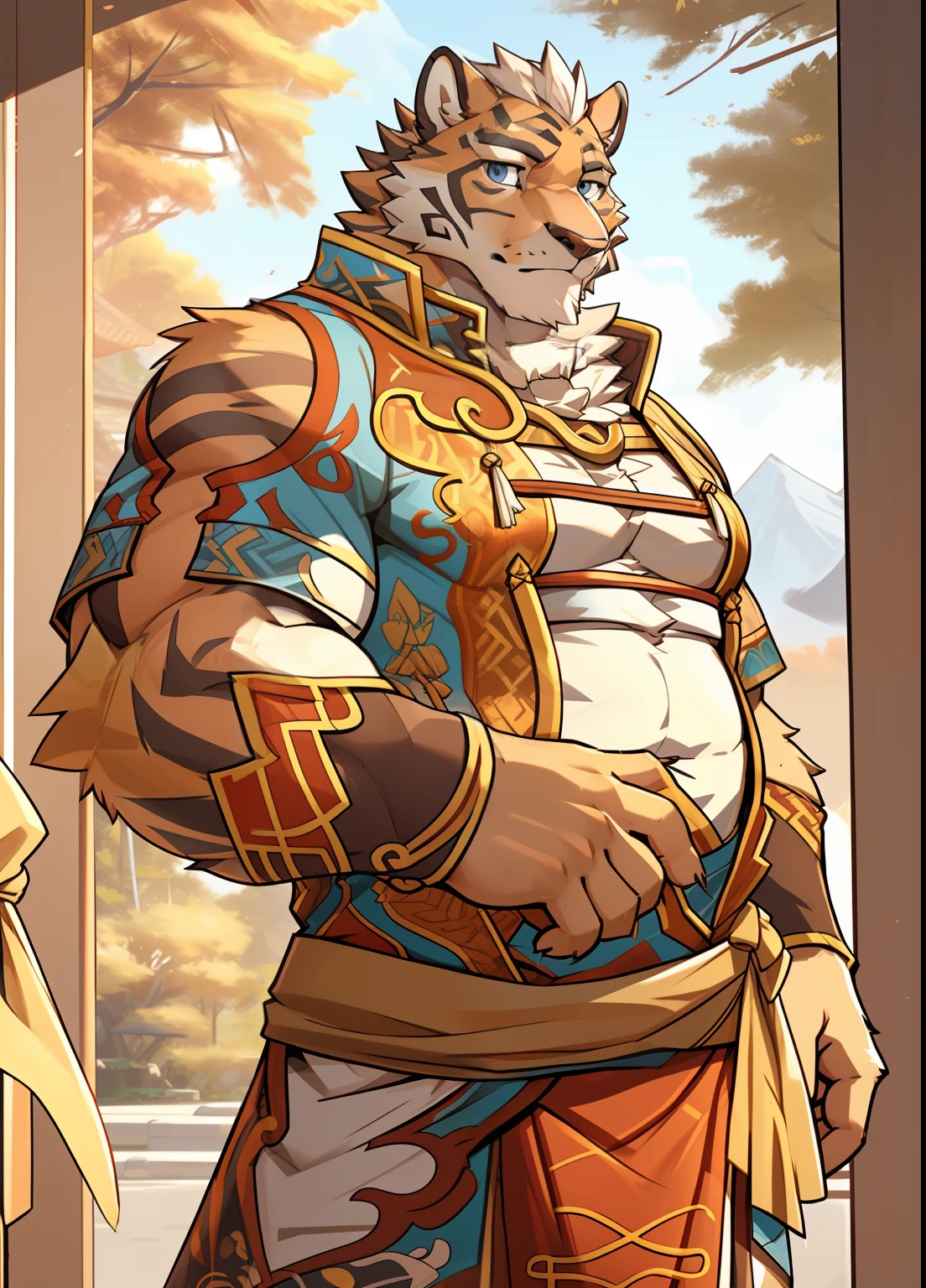 Lin Hu, wears, Solo, (Soft Shading), 4K, hi,It's nothing, (Detailed face, Detailed eyes, Detailed), ((full bodyesbian)), by Zackarry911, by Zaush, (By personalami:0.5), Mature male, Muscular, Muscular male, clothing cutout, Chinese clothes, Pelvic curtain,Fat Chubby,
