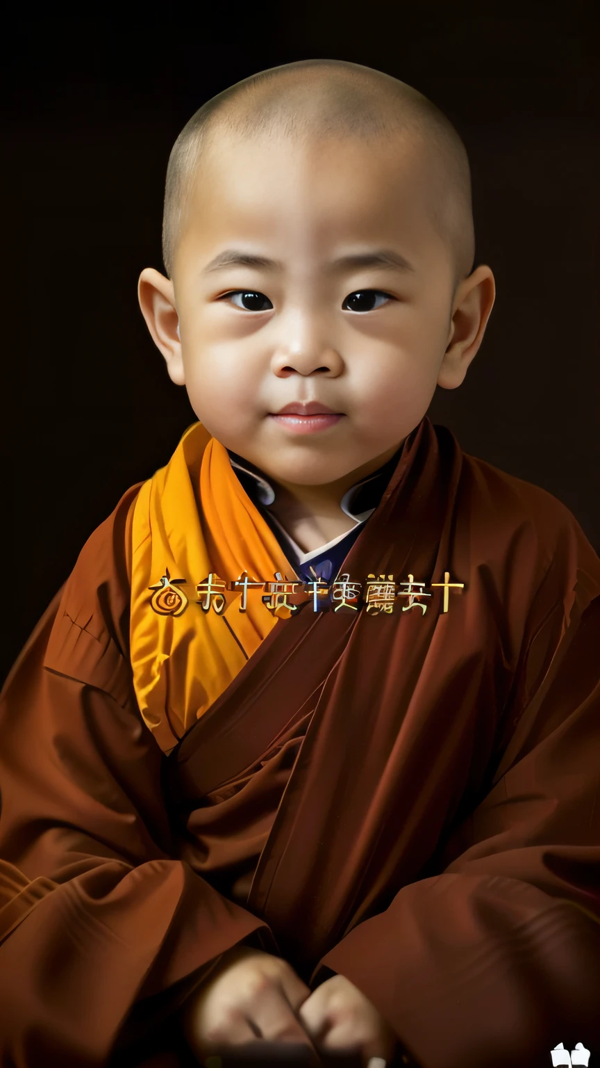 A 2-year-old Chinese monk, round face,dressed in a monk's uniform, with hands foldedon his chest,sitting cross legged and smiling, lnthe temple, Disney style --ar 9:16 --v 5.2 Variations