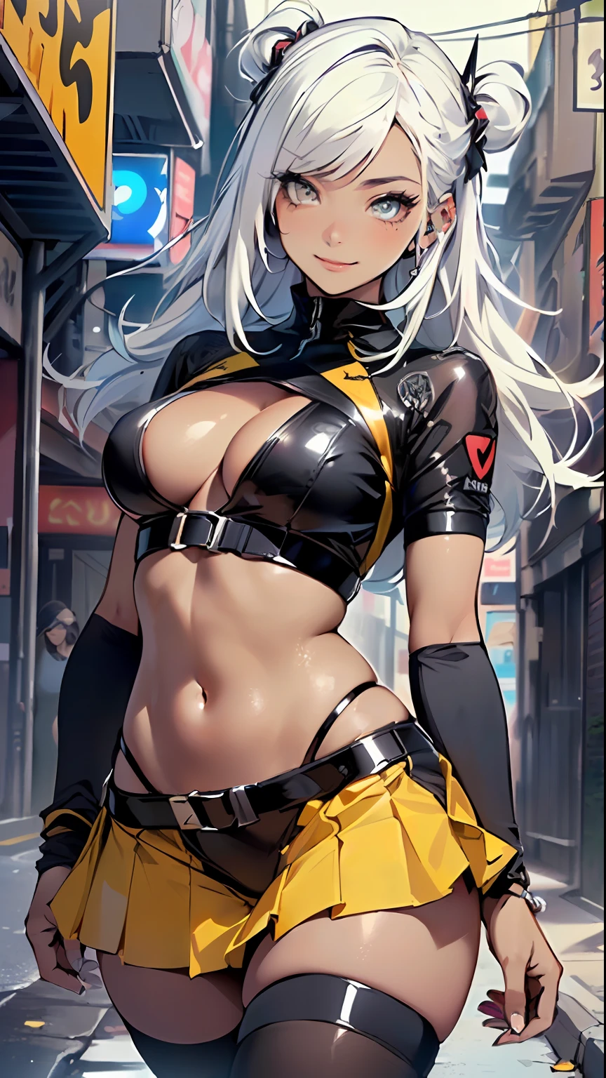 dark skin,very dark skin,dark_skin,
girl rave,(((1girl))),((anime girl with extremely cute and beautiful white hair walking seductively down the street)),

(large breasts:1.4),saggy breasts,(((white hair:1.35, straight hair, long hair:1.4, colored inner hair,ear breathing))),((very light yellow eyes:1.3,upturned eyes:1.3,perfect eyes,beautiful detailed eyes,gradient eyes:1,finely detailed beautiful eyes:1,symmetrical eyes:1,big highlight on eyes:1.2)),((fat)),((((black girl, black skin, dark-skinned_female, dark skin:1.3, ebony skin,lustrous skin:1.5,bright skin: 1.5,shiny skin,very shiny skin,shiny body,plastic glitter skin,exaggerated shiny skin, shiny skin like ebony))),(spider lower abdomen,narrow waist,wide hip,athletic body,inflated legs,delicate detailed fingers,detailed body,detailed arms,human hands, detailed hands),

cute,slutty,seductive,erotic,nsfw, 

zettai ryouiki,revealing clothing,show skin,((rave shirt with an yellow print, rave mini-skirt,visible thong straps)),(wearing a rave outfit:1.3,rave clothes,semi-naked,with little clothing,),(detailed outfit,detailed clothes),

(dynamic pose:1.0),solo focus,((mischievous smile)),centered,scale to fit dimensions,Rule of thirds,

outdoors, ((night view)), (cyberpunk night street Background: 1.5,dark sky,alleyway,lonely alley,thick clouds, detailed background:1.25),

(best quality), (high resolution), (sharp focus), (ultra detailed), (extremely detailed), (extremely high quality artwork), 8k_wallpaper, (extremely detailed CG 8k),(very fine 8K CG), ((hyper super ultra detailed perfect piece)), flawless, (((masterpiece))), illustration, vibrant colors,  (intricate), High contrast, Selective lighting, Double exposure, HDR (High Dynamic Range), Post-processing, Background blur,