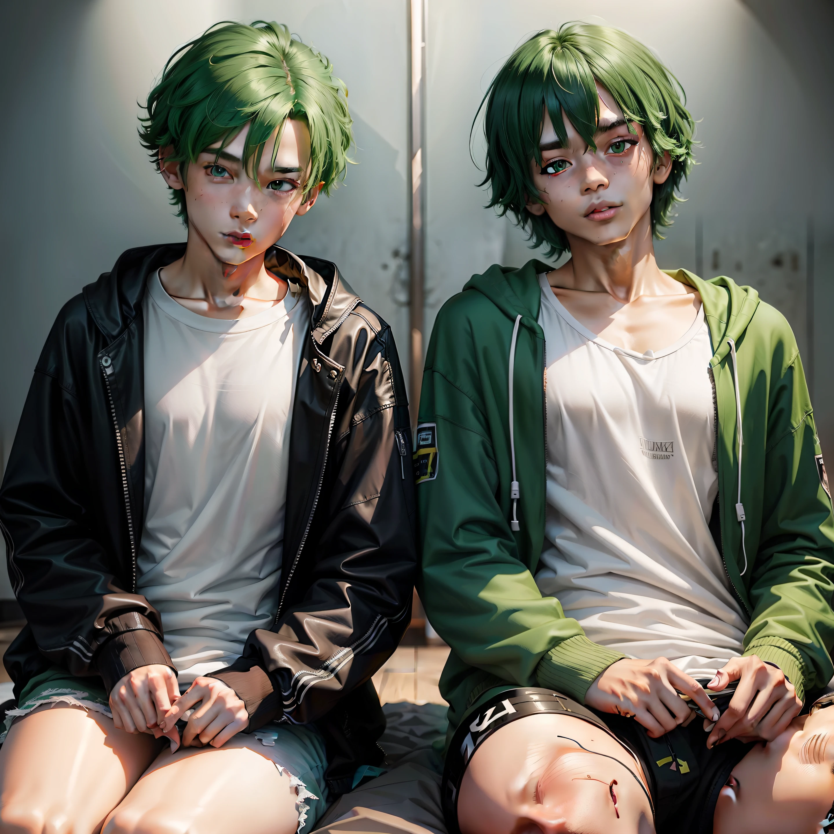 Two young men with green hair are