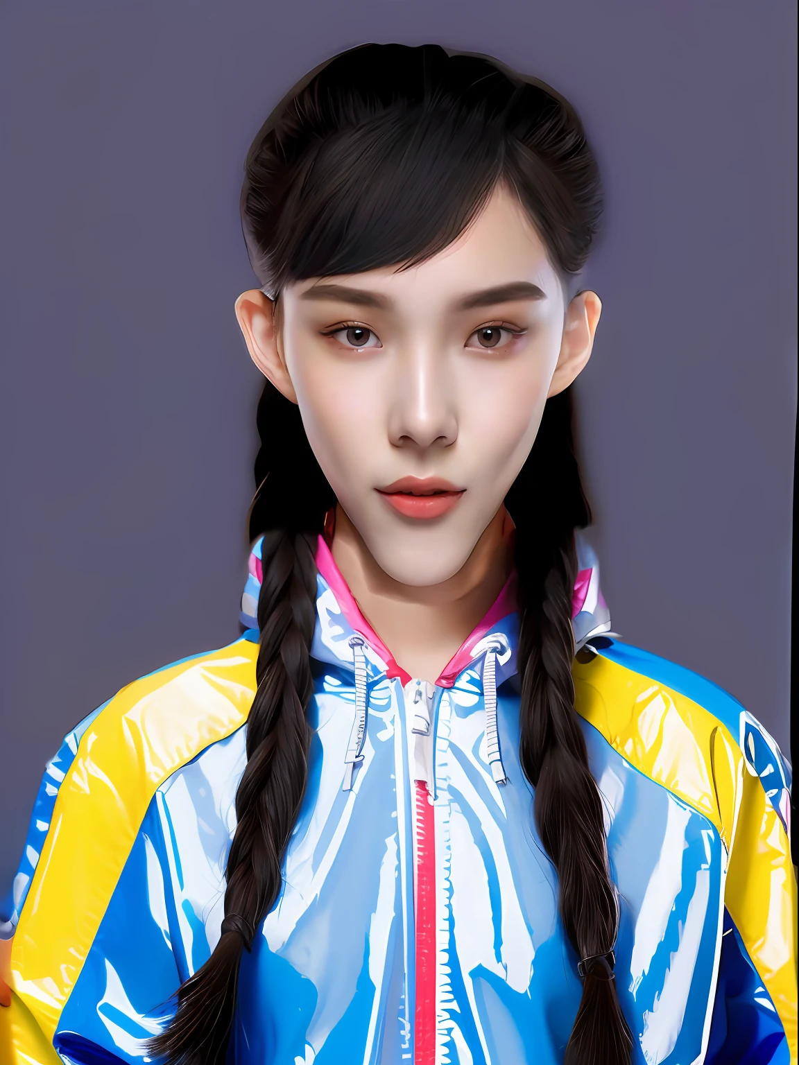 A Chinese -yeld hischool girl,Wear a brightly colored PVC sweatshirt,Light gray solid background