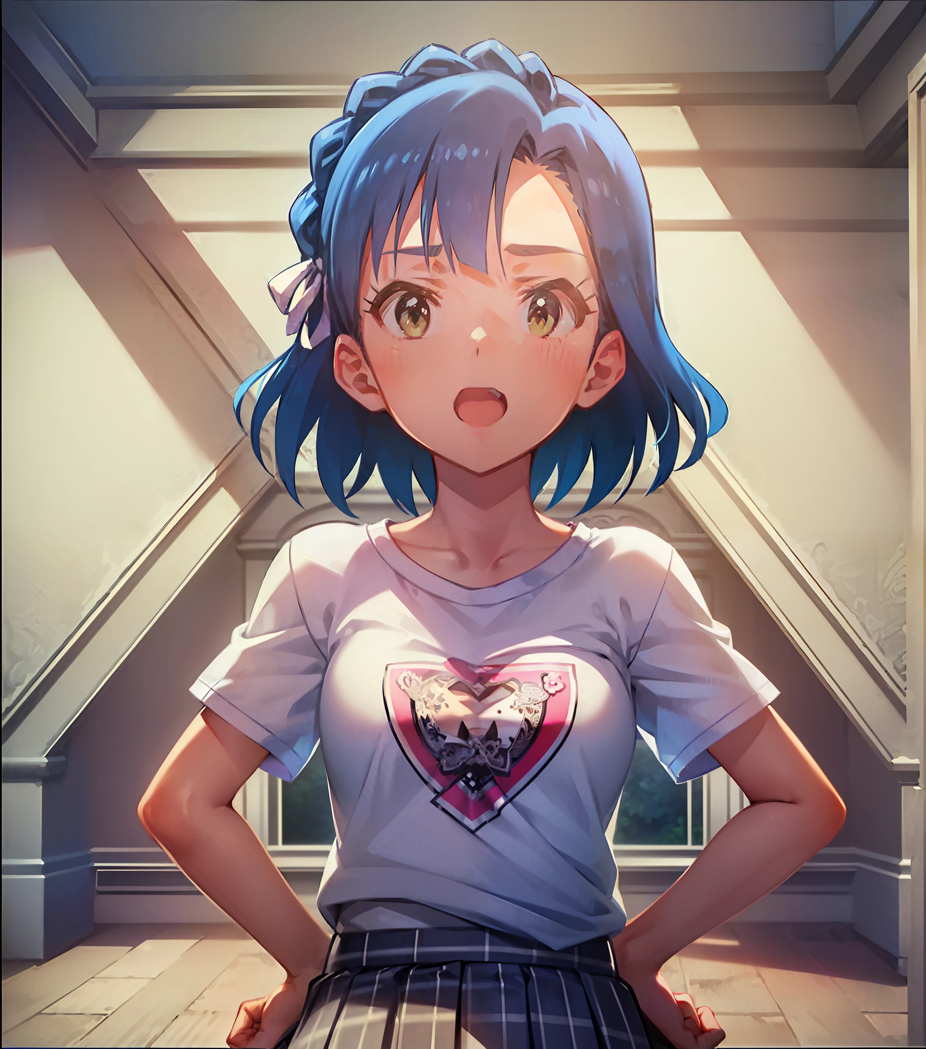 yuriko nanao (million live). Short stature. (((white t-shirts))).(((Skirt))).(((masterpiece))).(((best quality))).((Ultra-detailed))).(((illustratio))). (((put hands on the hip))).(((a room))).(((make a fist))).(((up chest))).Despair face.((short-hair)).((big breasts)).((closes mouth)).