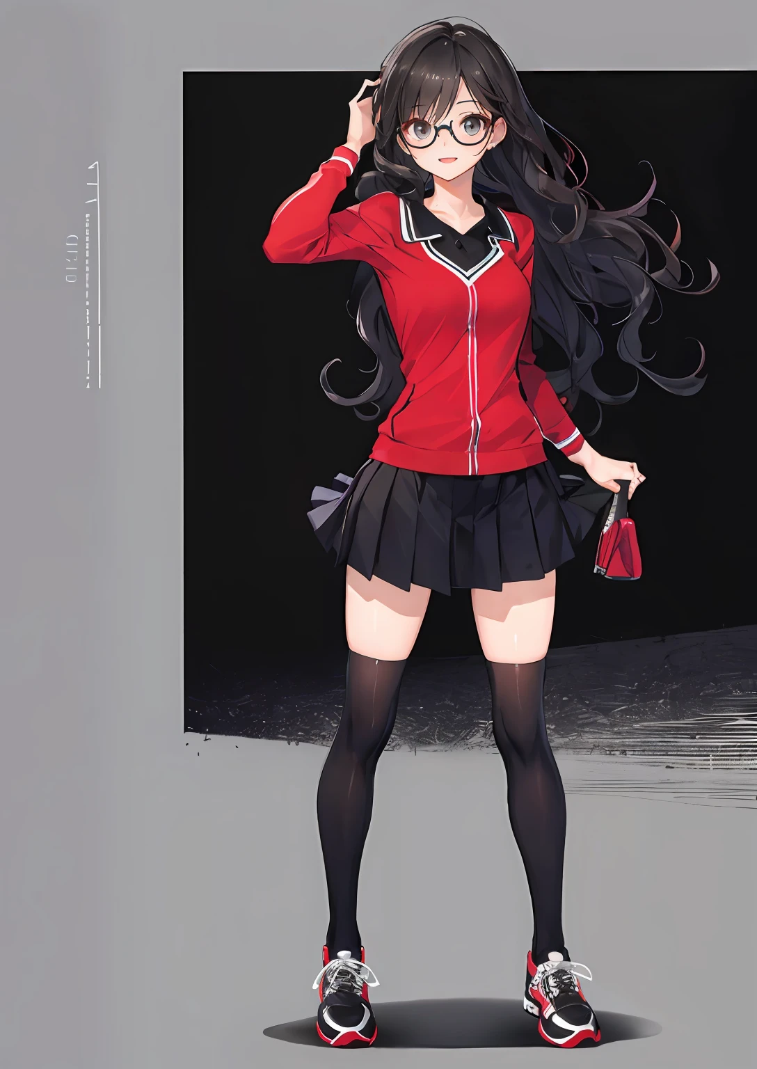 full body photo of a beautiful petite woman wearing round glasses, solo, sexy, extremely short tennis pleated skirt, very high black stockings, (((cheerful))), long black hair, (large breasts)