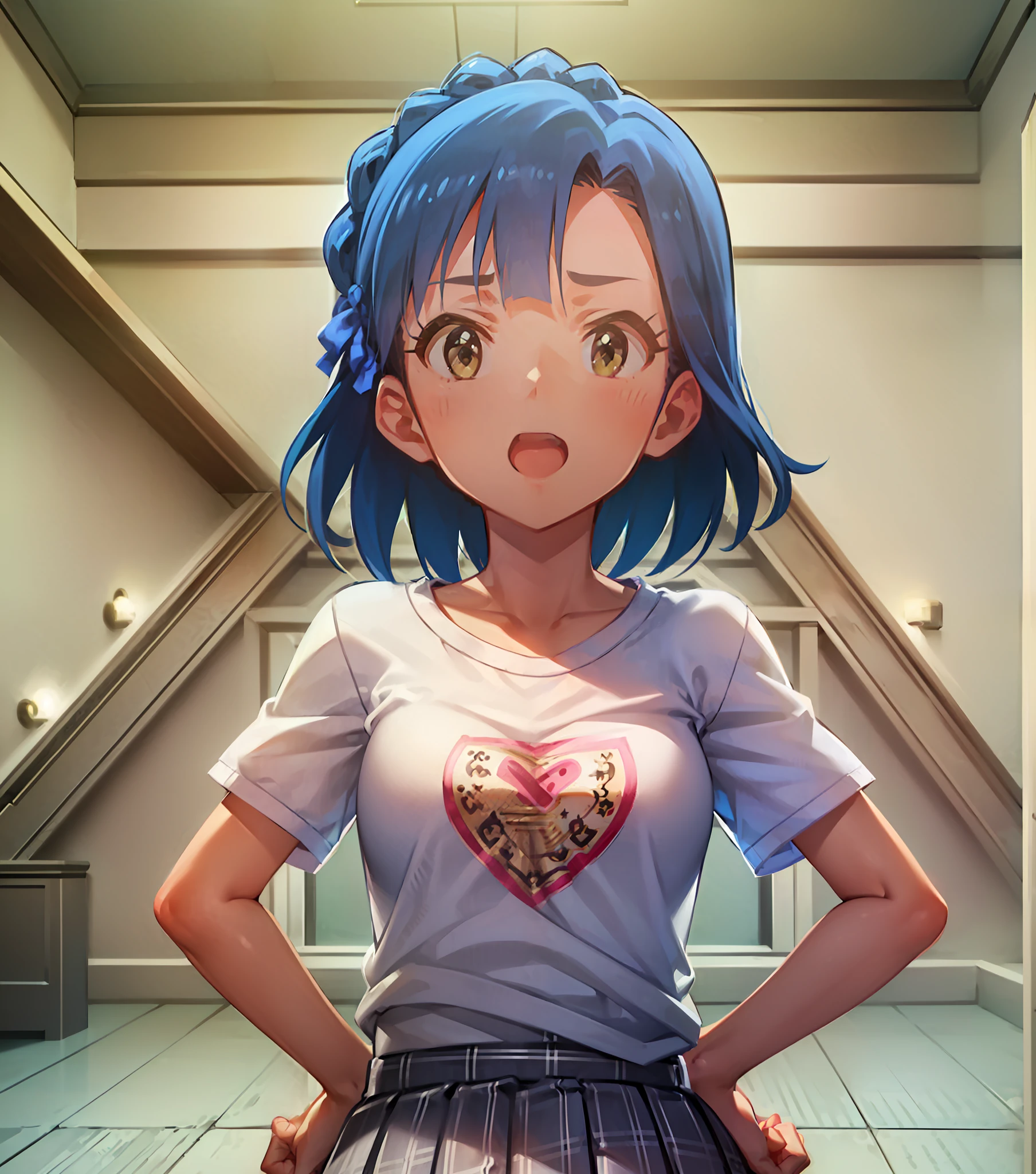 yuriko nanao (million live). Short stature. (((white t-shirts))).(((Skirt))).(((masterpiece))).(((best quality))).((Ultra-detailed))).(((illustratio))). (((put hands on the hip))).(((a room))).(((make a fist))).(((up chest))).Despair face.((short-hair)).((big breasts)).((closes mouth)).