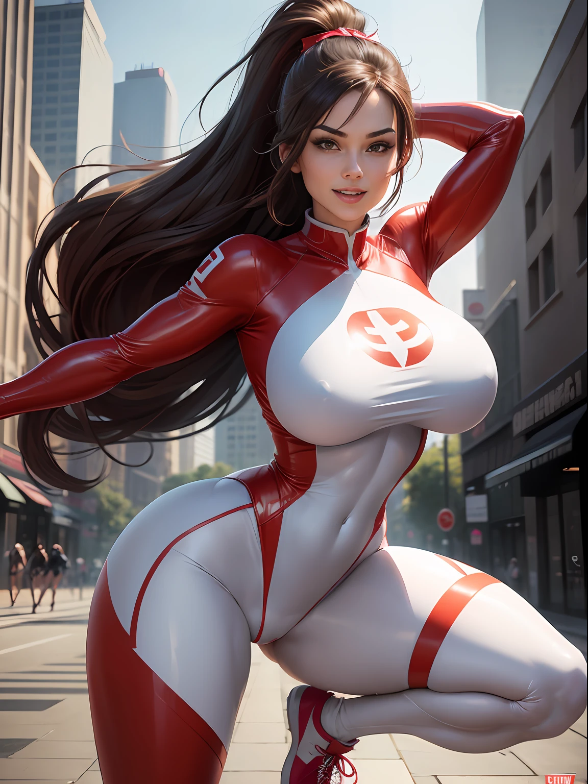 1girl, Stretcher the busty comic book woman, superheroine with elastic powers to stretch her body like rubber, in the style of Jim Lee, masterpiece, beautiful, high quality, high definition, superb quality, highly detailed, insane detail, sexy pose, posing for cameras, running, happy, smiling, jogging, bouncing breasts, long hair, huge ponytail, slim, thin, athletic, womanly, rubbery, elastic woman, (white and red spandex, white and red legs, tight top), rubber body, brunette, ((huge breasts, slim waist)), city, heroic, cheerful, (bold nose, hawkish facial features), --auto