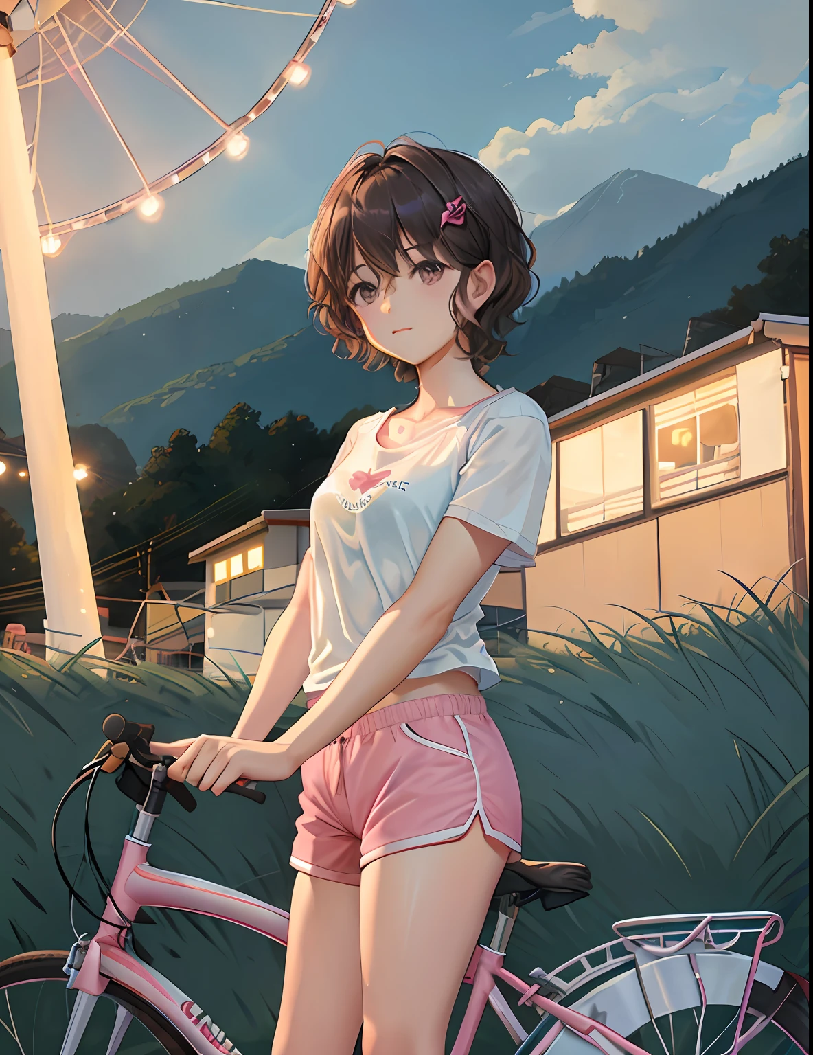 Short T-shirt shorts, Short curly hair, Cycling real lakeside summer night toddler background far mountain Ferris wheel,Cute look,Pink clothes。
