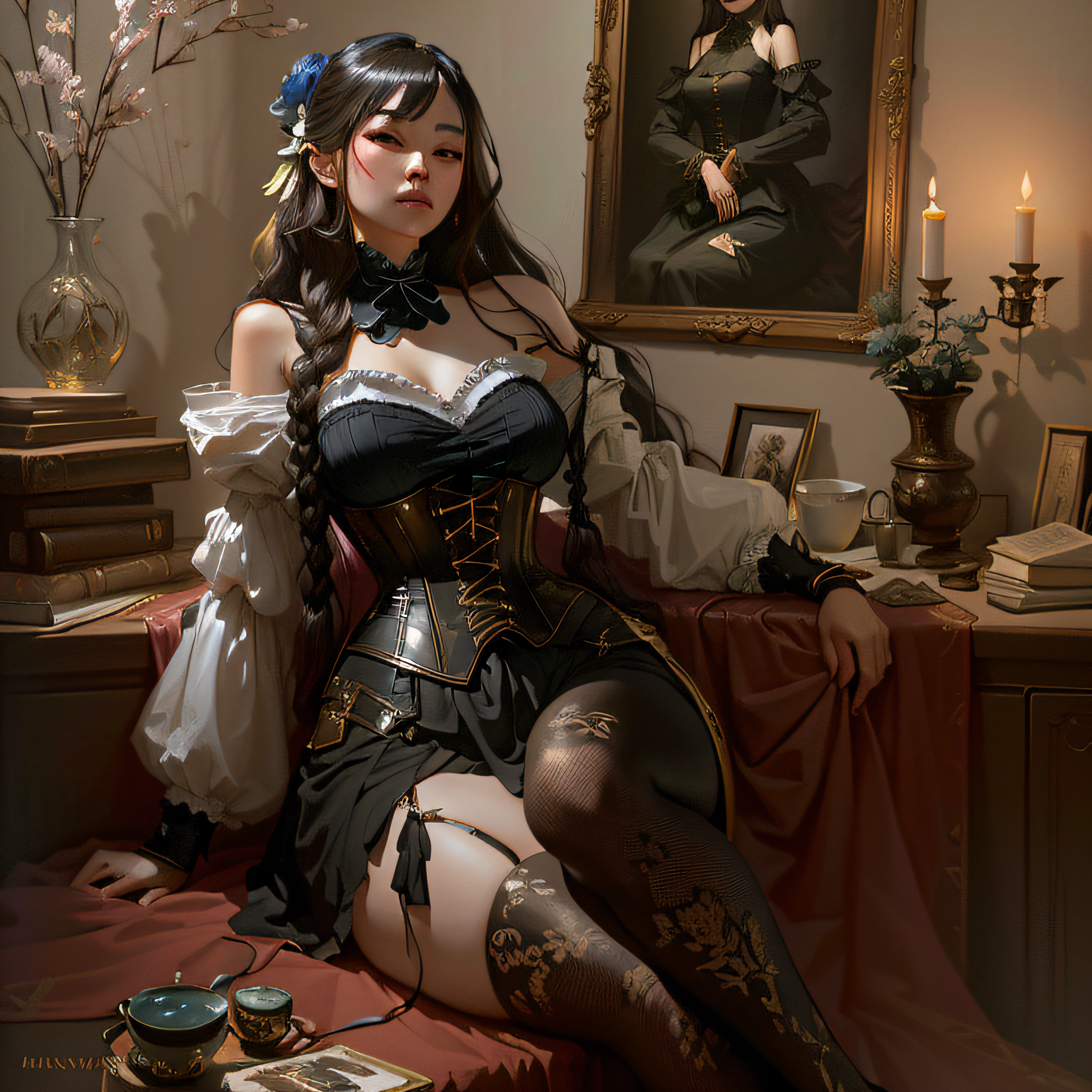 Painting of a woman in a corset sitting on a bed, por Yang J, Arte WLOP, por Oliver Sin, Wlop Jeremy Lipkin, WLOP y ROSS Tran, Arte de Wlop, WLOP |, Impresionante CGsociety, inspirado por Fenghua Zhong, El estilo de WLOP, por Yanjun Cheng, Ross Tran y Wlop