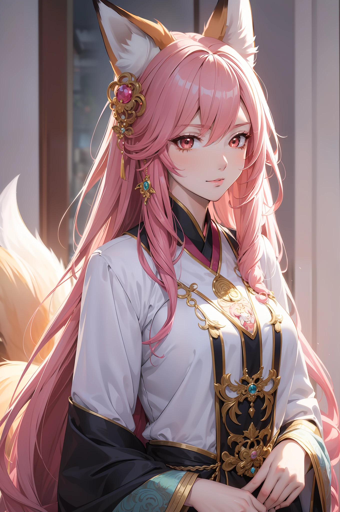 (Masterpiece:1.2, Best quality), (Very detailed face, Intricate details),Casual,，one-girl，Pink hair，a fox，Girl with fox ears，Cyan clothes，Raised sexy，