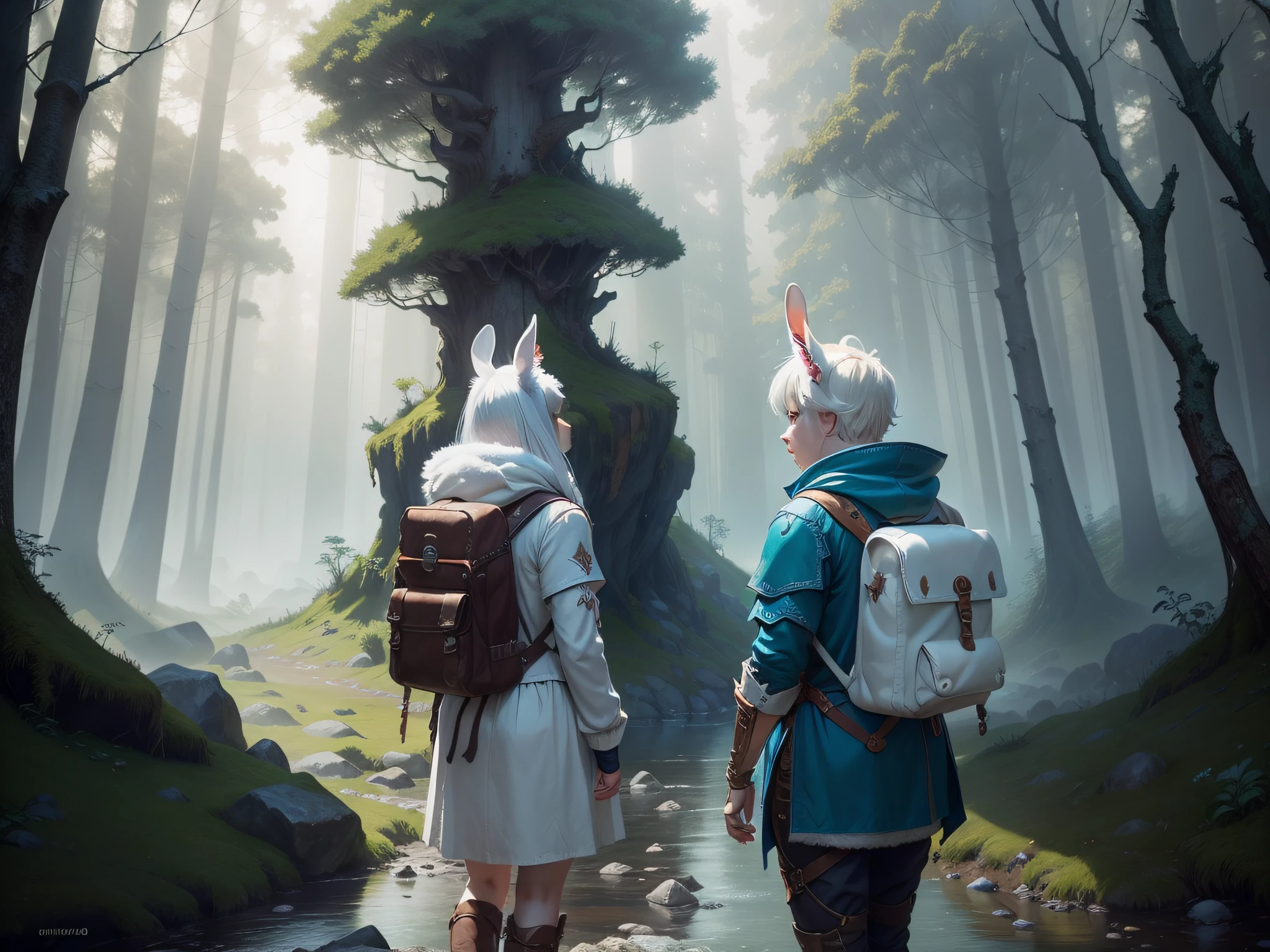 classicnegative portrait photo, fantasy video game character concept art, a cute white fluffy rabbit wearing a small brown leather backpack looking at a map hiking through a forest, dungeons and dragons, fantasy, river, haze, halation, bloom, dramatic atmosphere, 1970s dark fantasy movie, centred, rule of thirds