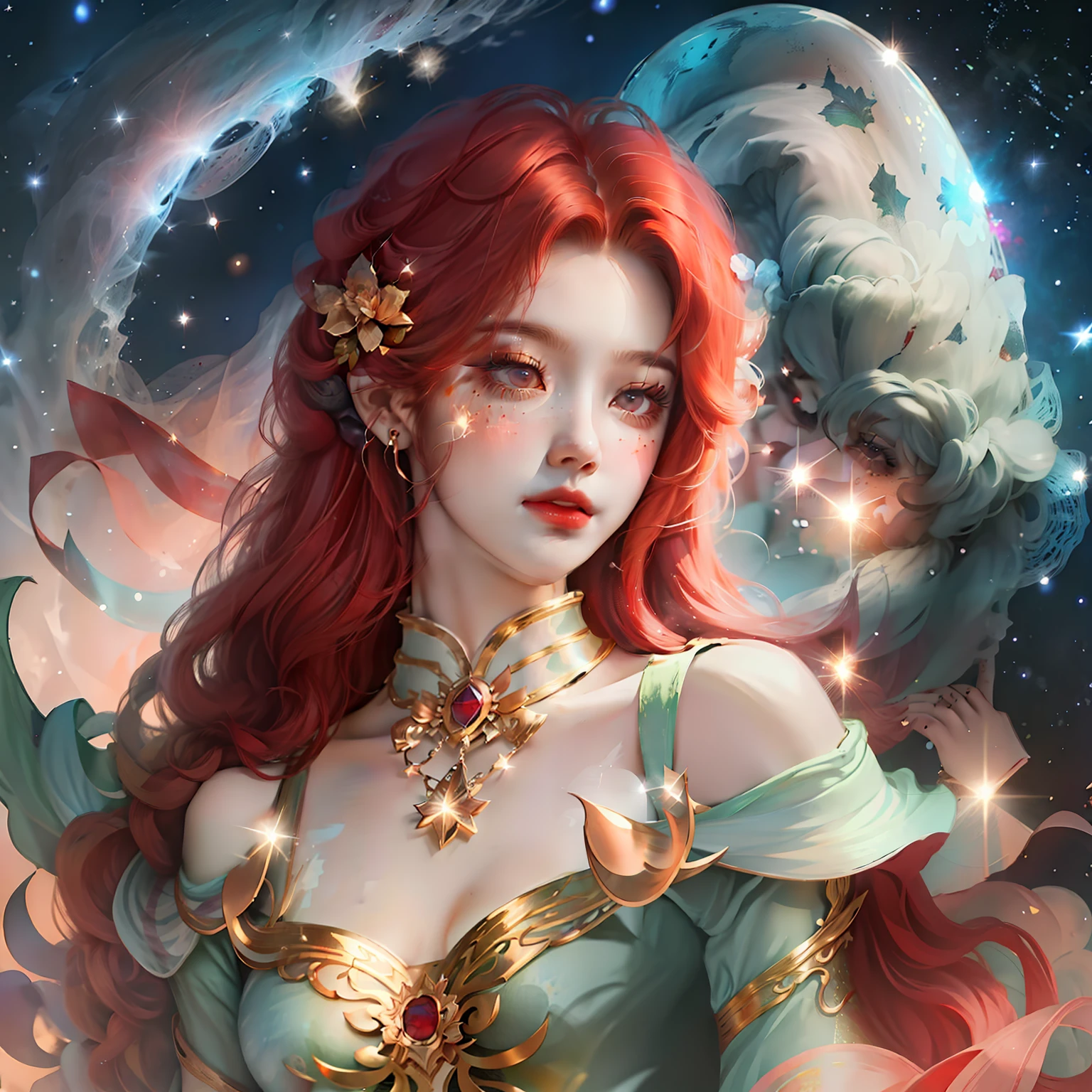 Girl with rose red hair。Starry sky nebula in the background,The stars twinkle