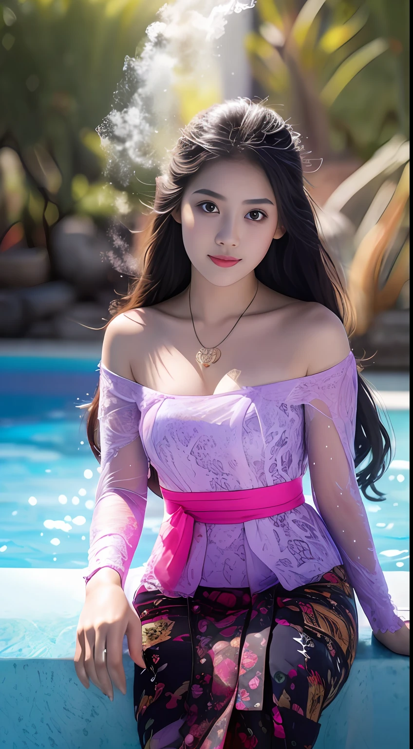 Keywords: ((kebaya_bali)), watery big eyes, loving pupils, [shy], long hair, master works, best picture quality, ((kebaya_bali)),super high resolution, higher quality, beautiful girl, female, heart-shaped hair ornament, 8k resolution, hot girl, student, beautiful pupil, blush, dusk, oasis ((character at the edge of the pool)), magic ring, volumetric light, cinematic light, natural light. Waterfall background, fashion long skirt, not exposed, full body photo
Snow Moon Law Moon Girl Light Shoulders, Solo, Crystal Clear Water Splash Perfect Reflection, Eyebrow Pattern, Beautiful Black Eyes, Floating Water Splash, Black Water Droplet, Beautiful Glow, Best Quality, Illustration, Masterpiece, Best Production, Best Quality, Highly Detailed, Extremely Detailed CG, Lighting, Cute, Tyndall Effect, Burning Splash Wrapped, Light Shoulders, Depth of Field, Black Water, Super Moe, Shining, Beautiful
The, delicate facial features, cute, black water particle special effects, dreamy, floating
Black glowing particles, burning hair, necklace
((Masterpiece)), ((Highest Quality)), exquisite CG, blue-purple tone, sweet
Beautiful and lovely