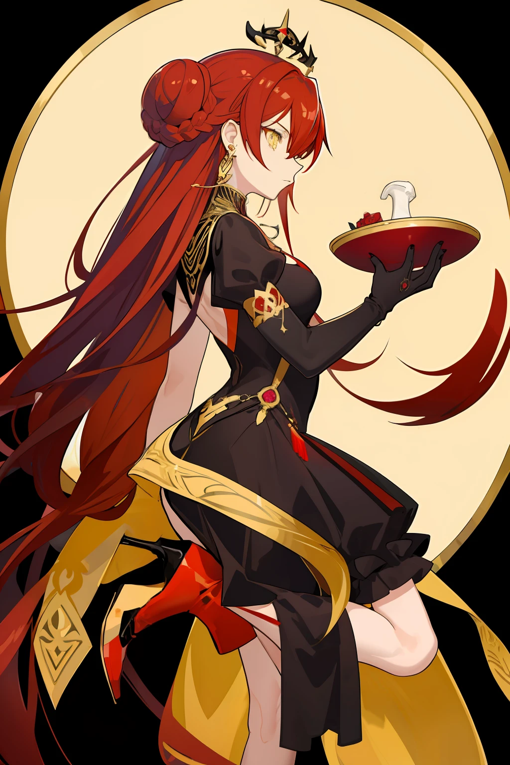 masterpiece, best quality, masterpiece, best quality, 1girl, long hair, big bust, very long red hair, yellow eyes, buns with braid , black dress, jewels, ruby earrings, good anatomy, red gloves, boots, heels, evil, emotionless, intimidant, bloody, detailed eyes, dark background, close up, ((detailed eyes)), beautiful eyes, hair bang, profile