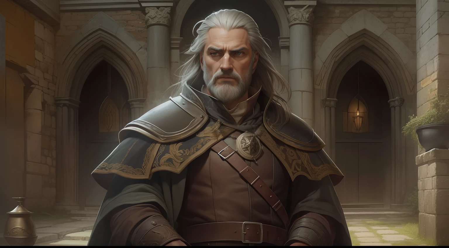 Vesemir, o mestre bruxo, possui cabelos grisalhos e uma barba longa e bem cuidada. His gaze is wise and determined, reflecting the experience of decades of battles. Veste um manto escuro e uma armadura de couro resistente. Em seu cinto, carrega seus equipamentos de bruxo, like potions and torches. It's in an old castle setting, with high walls and Gothic towers in the background, em uma pose de confronto, Oil painting with realistic details, to portray his serious and enigmatic personality, --AR 16:9 --v