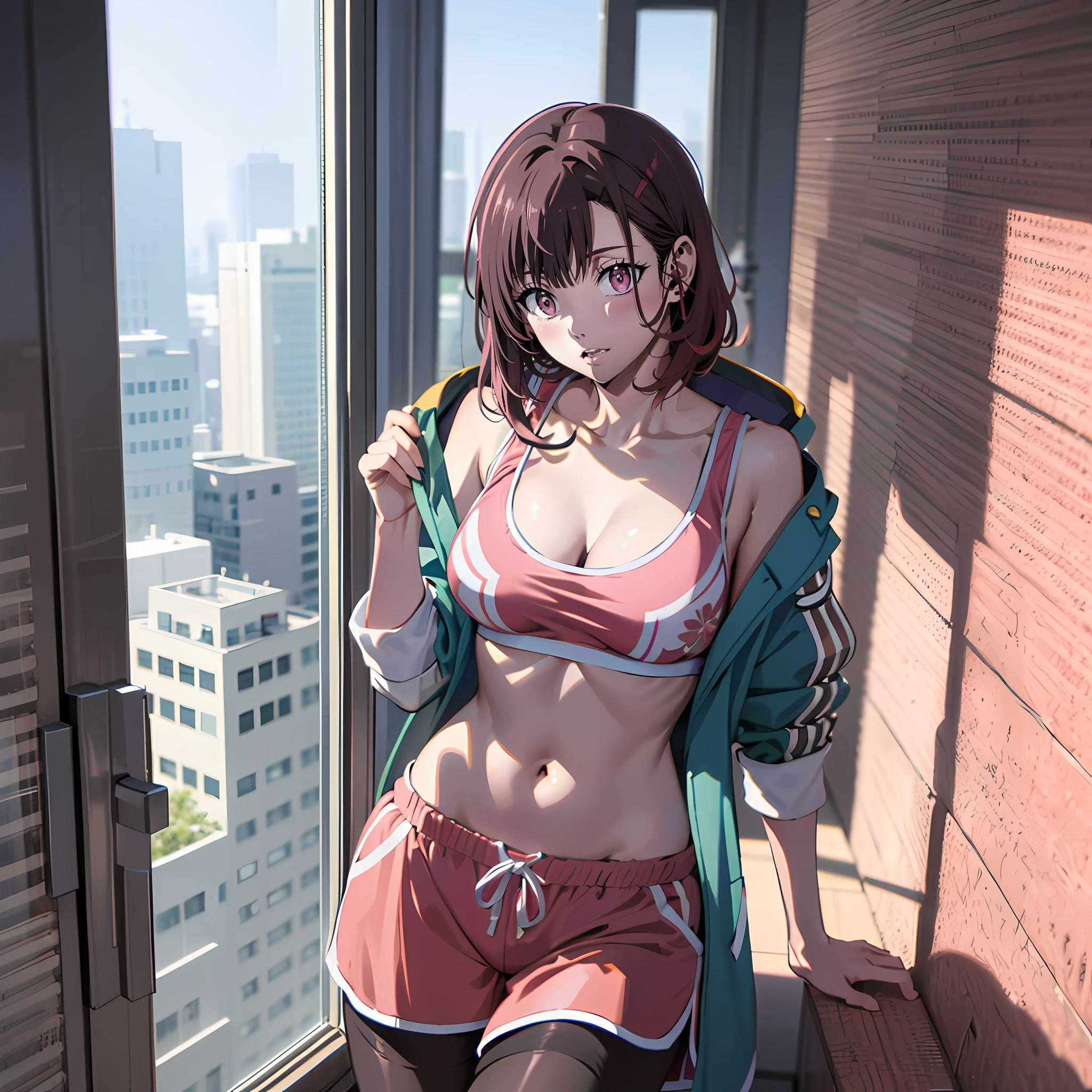 mikazuki shizuka, Masterpiece, best quality,ultra-detailed,1girl, beautiful, pink sport bra, pink shorts, look out the window, detailed eyes, detailed face, short Brown hair with a pink streak, medium breasts, Looking out a window in a tall building, black long pantyhose