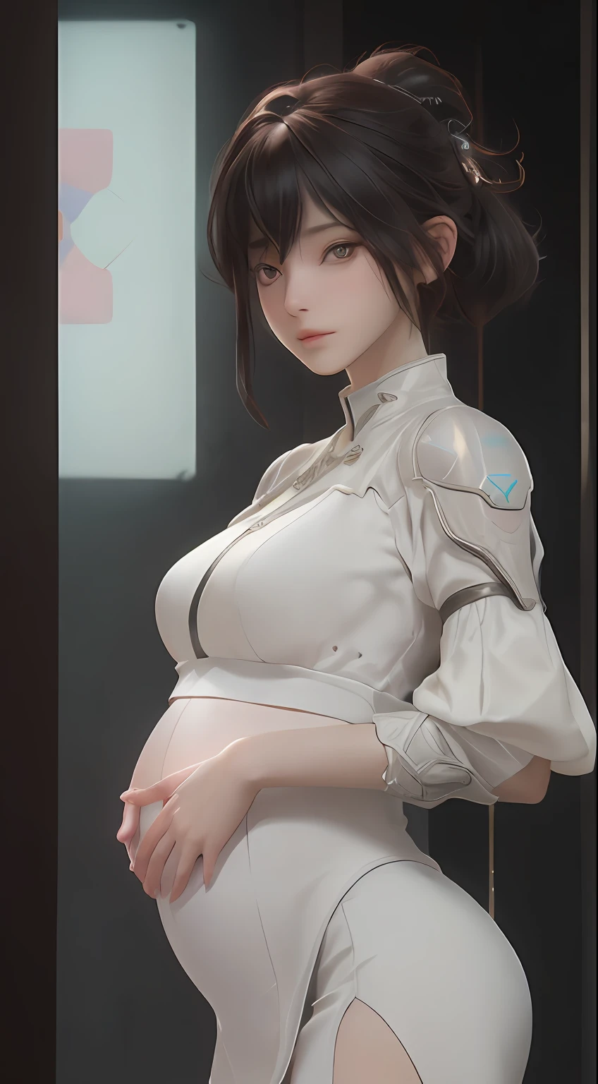 ((best qualtiy)), ((tmasterpiece)), (the detail:1.4), 3D, A beautiful cyberpunk female image,HDR(HighDynamicRange),Ray traching,NVIDIA RTX,Super-Resolution,Unreal 5,Subsurface scattering、PBR Texture、post-proces、Anisotropy Filtering、depth of fields、maximum definition and sharpness、Many-Layer Textures、Albedo e mapas Speculares、Surface Coloring、Accurate simulation of light-material interactions、perfectly proportions、Octane Render、Two-colored light、largeaperture、Low ISO、White balance、the rule of thirds、8K RAW、pregnant belly,Pregnant belly