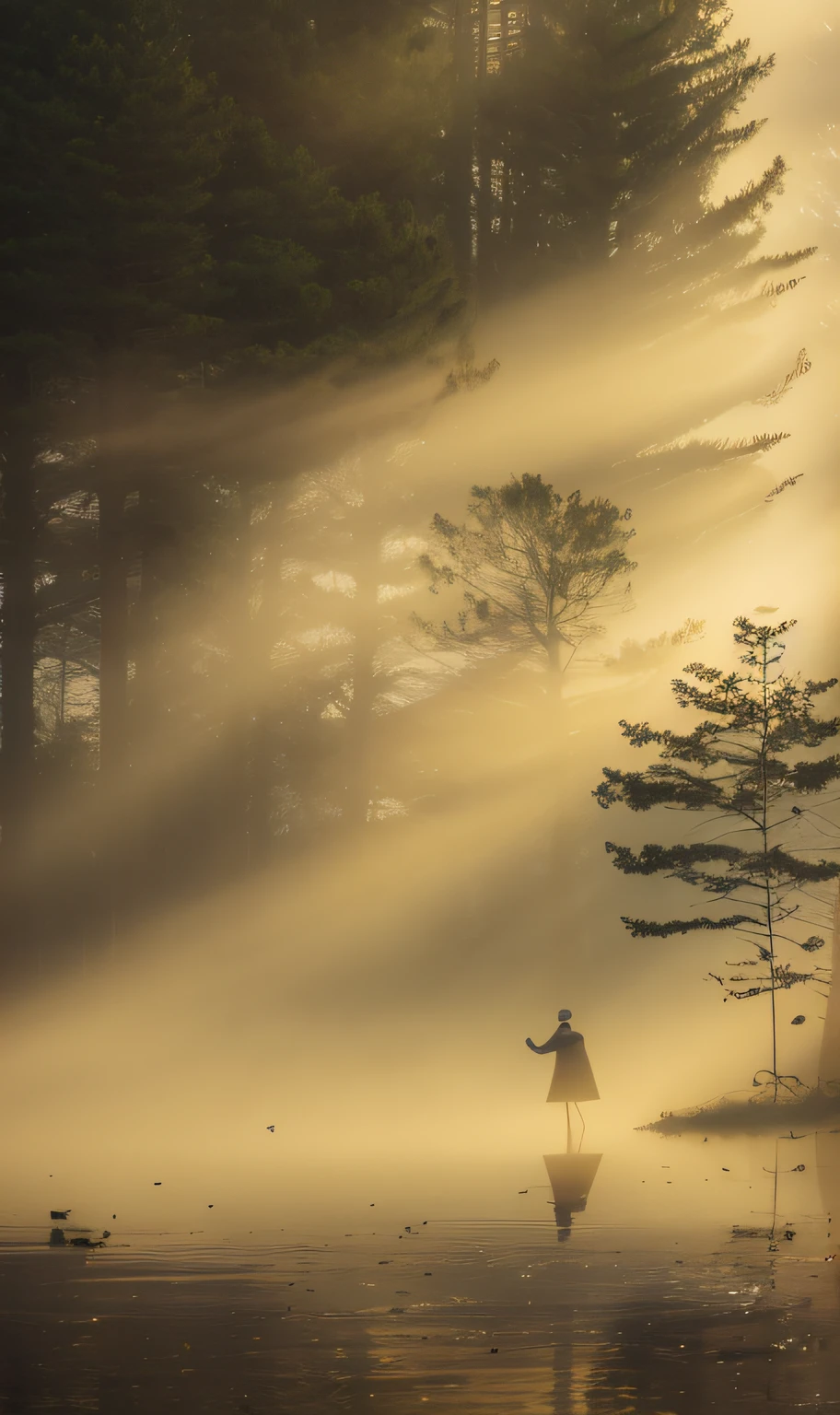 There is a man on the lake in the fog, golden mist, Light fog in the early morning, Backlit fog, Mist morning light, Divine light in the fog, Fog volume light morning, Misty forest scene, Light mist, Morning mist, forest ray light, A faint morning mist, golden morning light, light through the mist, Fog light from fire