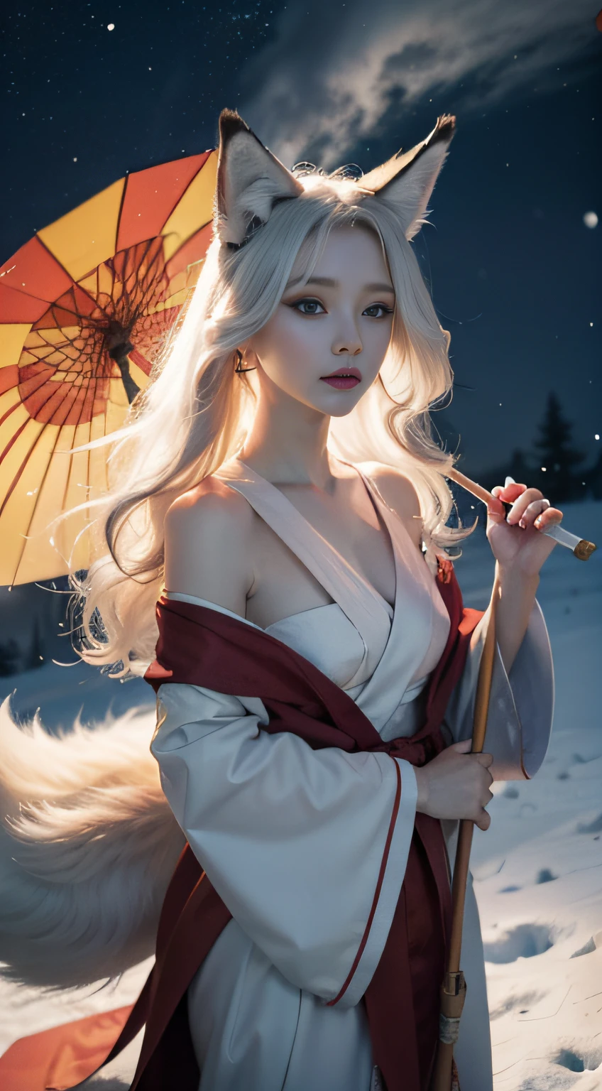 A beautiful fox spirit girl [1.2] with pointy ears [0.9] and multiple swaying tails [1.0]. She has snow white fur [0.8], piercing blue eyes [1.0],red[1.1],yellow[1.0], wearing a colorful flowing robe [0.7] and holding a paper umbrella [0.5]. Delicate facial features [1.1], surrounded by wisps of ethereal flames [0.6]. Mystical fox spirit miss, digital painting [1.5]