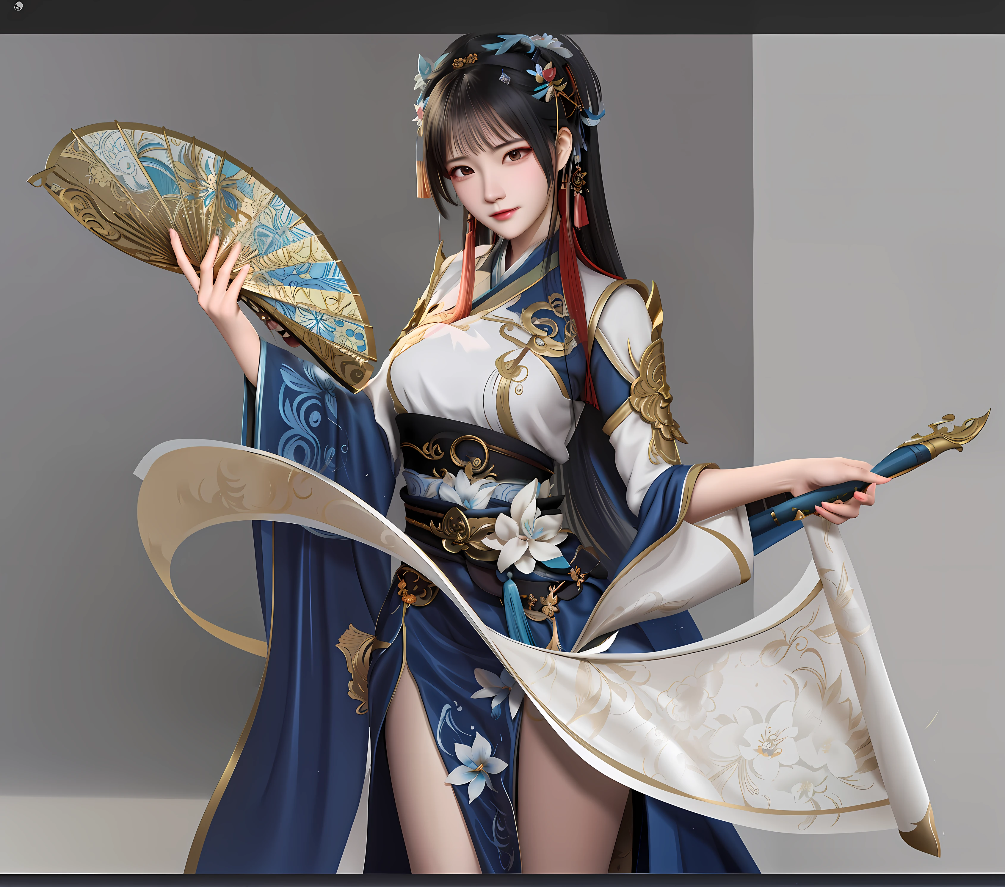 Beautiful woman in period blue dress,Hold a paper fan in your right hand,Hold a brush in your left hand,A girl in Hanfu, trending on cgstation, Inspired by Lan Ying, a beautiful fantasy empress, full-body xianxia, Inspired by Qiu Ying, inspired by Du Qiong, G Liulian art style, Inspired by Li Tang, Chinese costume 32K Ultra HD, Light cyan and light amber, A beauty in a dress with a floral pattern, in the style of anime art, Light cyan and amber, Detailed facial features, Dream illustration style zbrush, UHD image, Feminine elegance, light gold and bronze, anime artsyle,Organic and flowing forms, Free brush strokes, illustrated ,in the style of artgerm