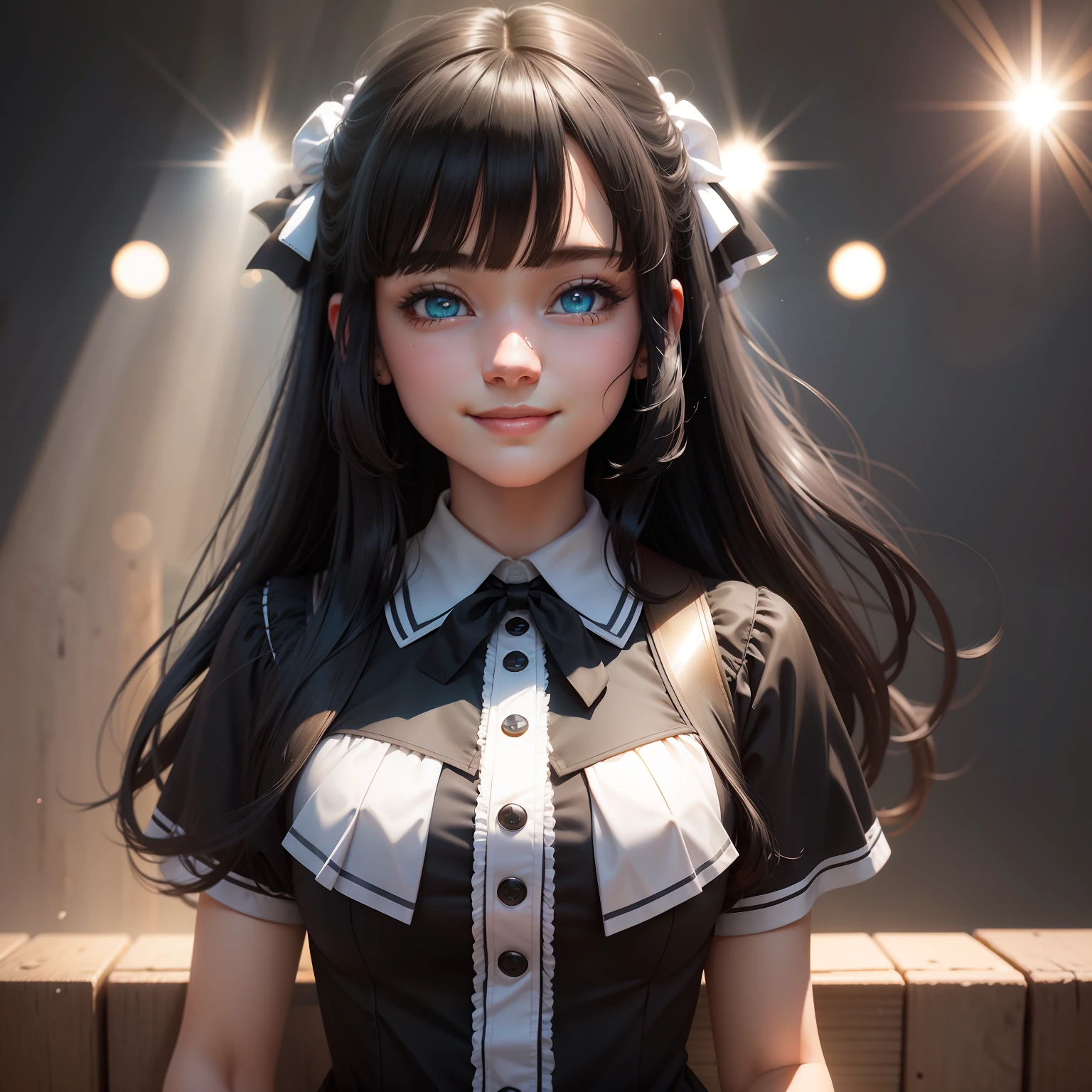 parted bangs, black hair, hair bow, aqua eyes, smile, drop shadow, stereogram, god rays, pov, lens flare, 8k, super detail, ccurate, best quality