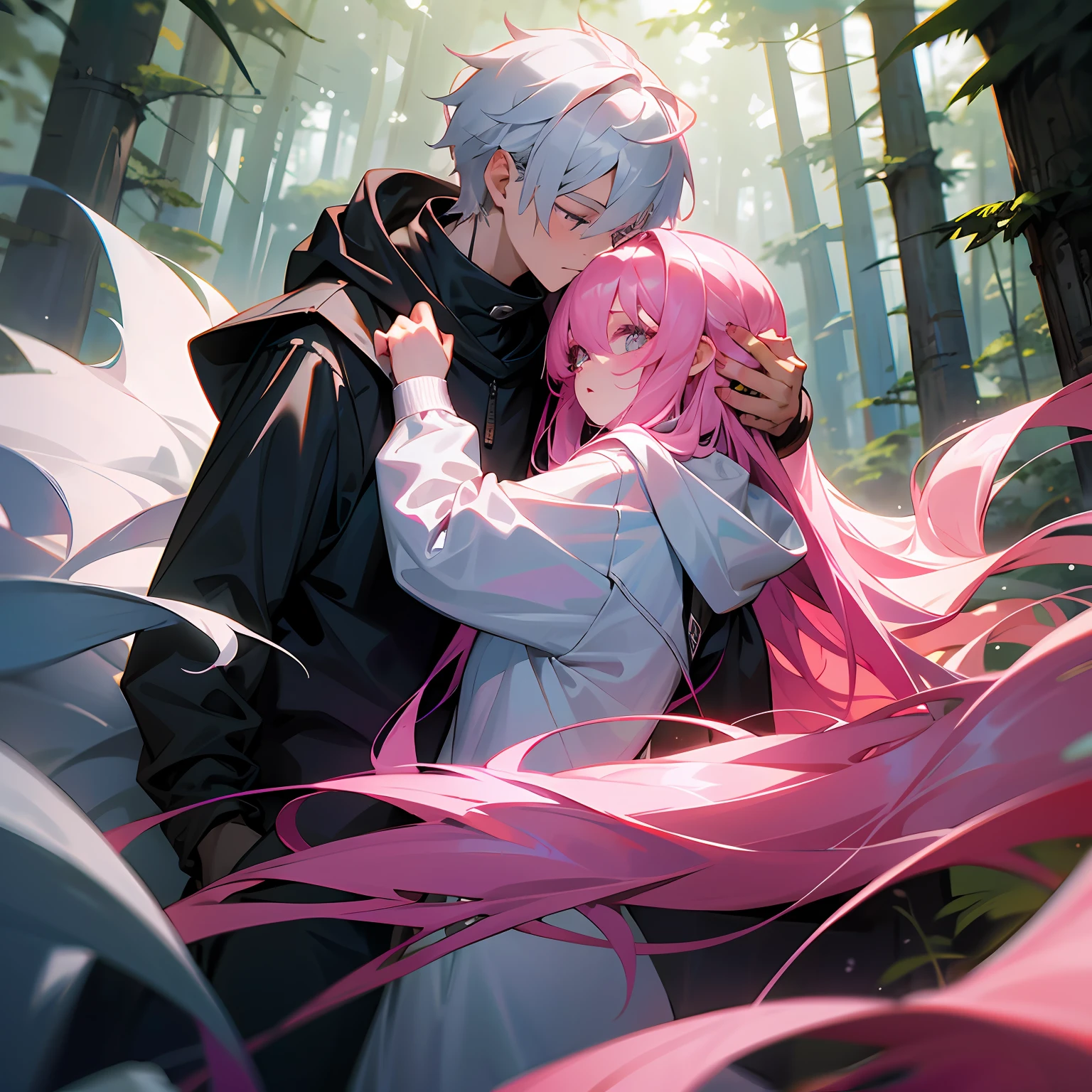 A boy with silver hair and a girl with long pink hair, wearing hoodie, in the forest, best quality, masterpiece, detailed eyes, detailed hands