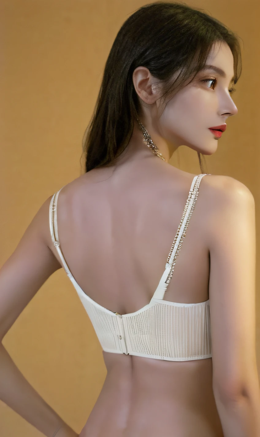 Close-up of a woman in a sepia blouse, , decolletage, Slender waist, middle shot waist up, Straight neck, graceful body structure, exquisite and smooth details, Bra, smooth body features, Thin waist, （（on  back：1）） posterior view