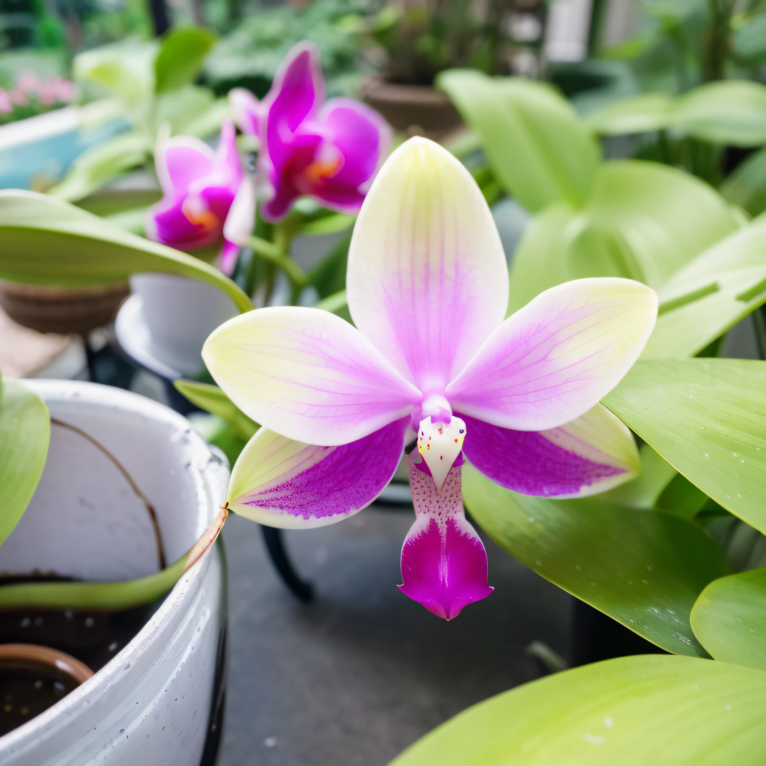 There are many flower pots on the ground, an orchid flower, orchid, Moth orchid, an orchid flower, Reflective orchids, Orchid stem, flower sepals forming helmet, Overgrown with fluffy orchids, Stained stereo vision, 8K 50mm ISO 10, her face looks like an orchid, violet polsangi, blooming tropical flowers