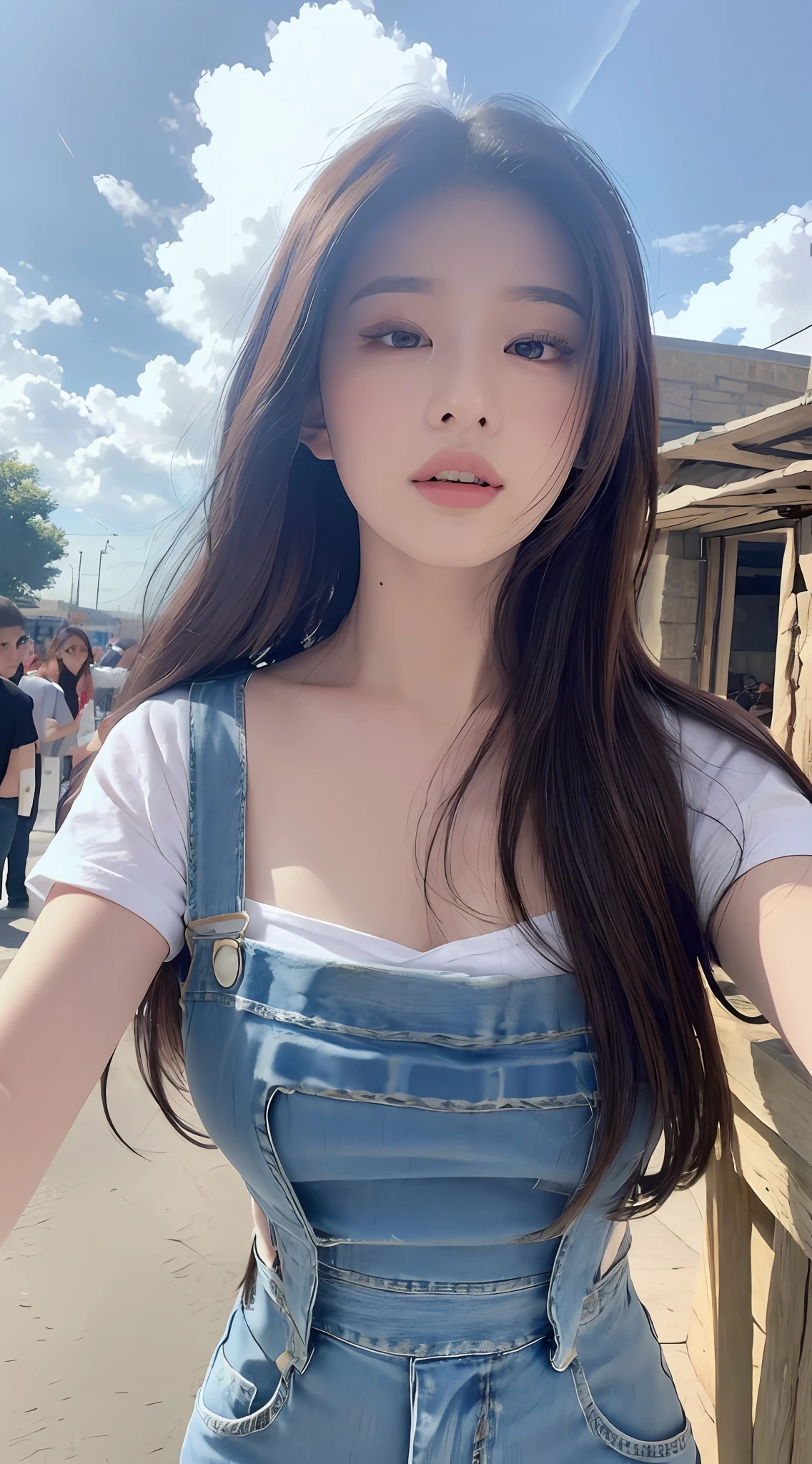 (Daytime, Excellent, 8K, Masterpiece:1.3)), Full body, Long legs, Focal length: 1.2, Perfect Body Beauty: 1.4, Slim Abs: 1.1, ((Dark Brown Hair, Big Breasts: 1.2 )), (White Skinny T-shirt, Denim Suspenders, Standing: 1.2), ((City, Blue Sky and White Clouds: 1.3)), Highly detailed face and skin texture, Detailed eyes, Double eyelids, Flying long hair