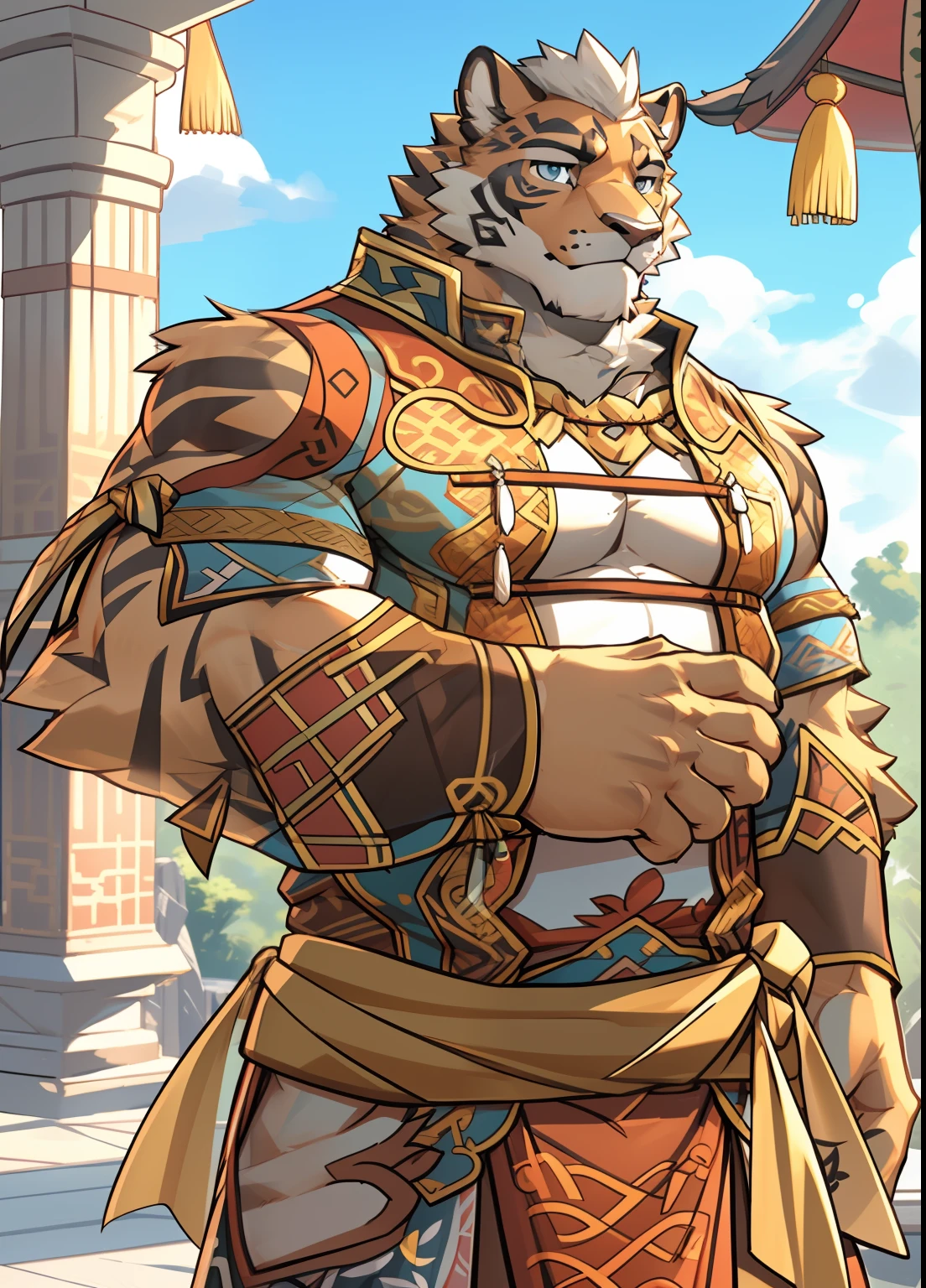 Lin Hu， wears,  Solo, (Soft Shading), 4K, hi，It's nothing, (Detailed face, Detailed eyes, Detailed), ((full bodyesbian)), by Zackarry911, by Zaush, (By personalami:0.5), Mature male, Muscular, Muscular male, clothing cutout, Chinese clothes, Pelvic curtain，Fat Chubby，high-definition picture quality