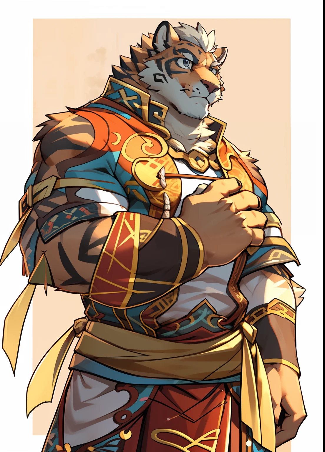 Lin Hu, wears, Solo, (Soft Shading), 4K, hi,It's nothing, (Detailed face, Detailed eyes, Detailed), ((full bodyesbian)), by Zackarry911, by Zaush, (By personalami:0.5), Mature male, Muscular, Muscular male, clothing cutout, Chinese clothes, Pelvic curtain,Fat Chubby,high-definition picture quality