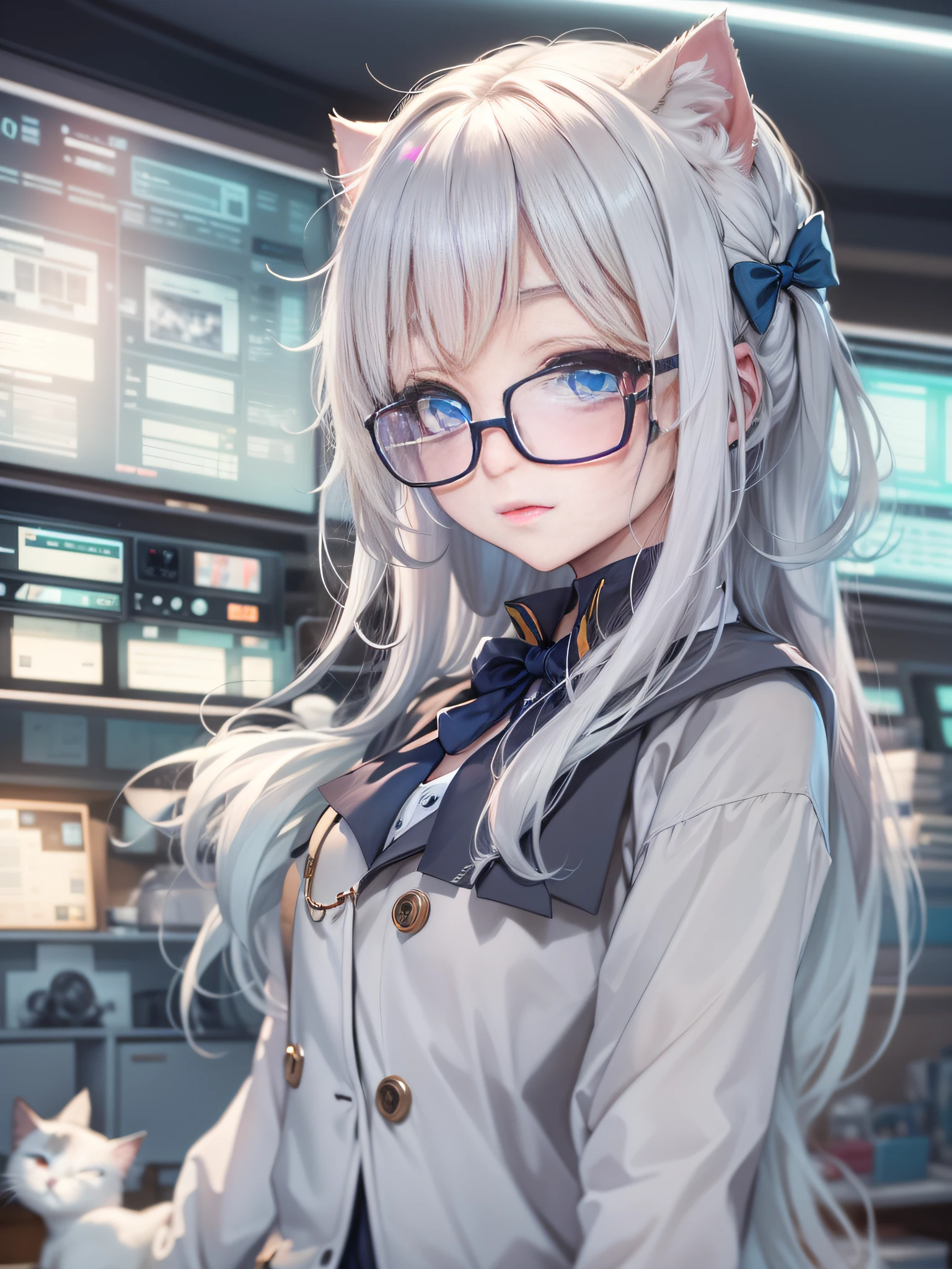 anime drawings , 2d anime style,an anime girl with white hair, shoulder length hair, wavy hair, bow tie, long hair with cute bow tie, beautiful eyes, innocent, blue eyes, glasses, figure, small breasts, wearing bronze elegant black school uniform, wearing a long white doctor's blu coat, cat ears, cat tail, a girl in a room with many modern equipment and machines in the future, background with led lights