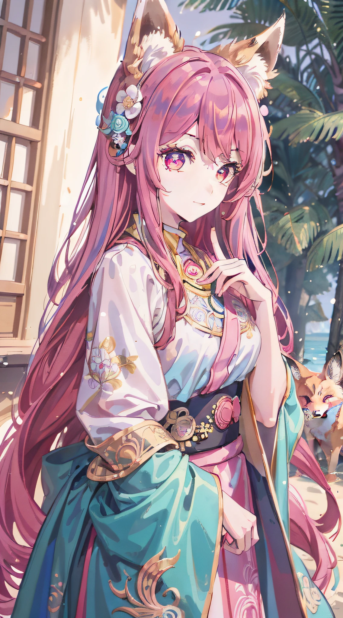(masutepiece:1.2, Best Quality), (Very detailed face, Intricate details),casual,,one girls,Pink hair,foxes,girl with fox ears,Cyan clothing,Wind blows at the seaside