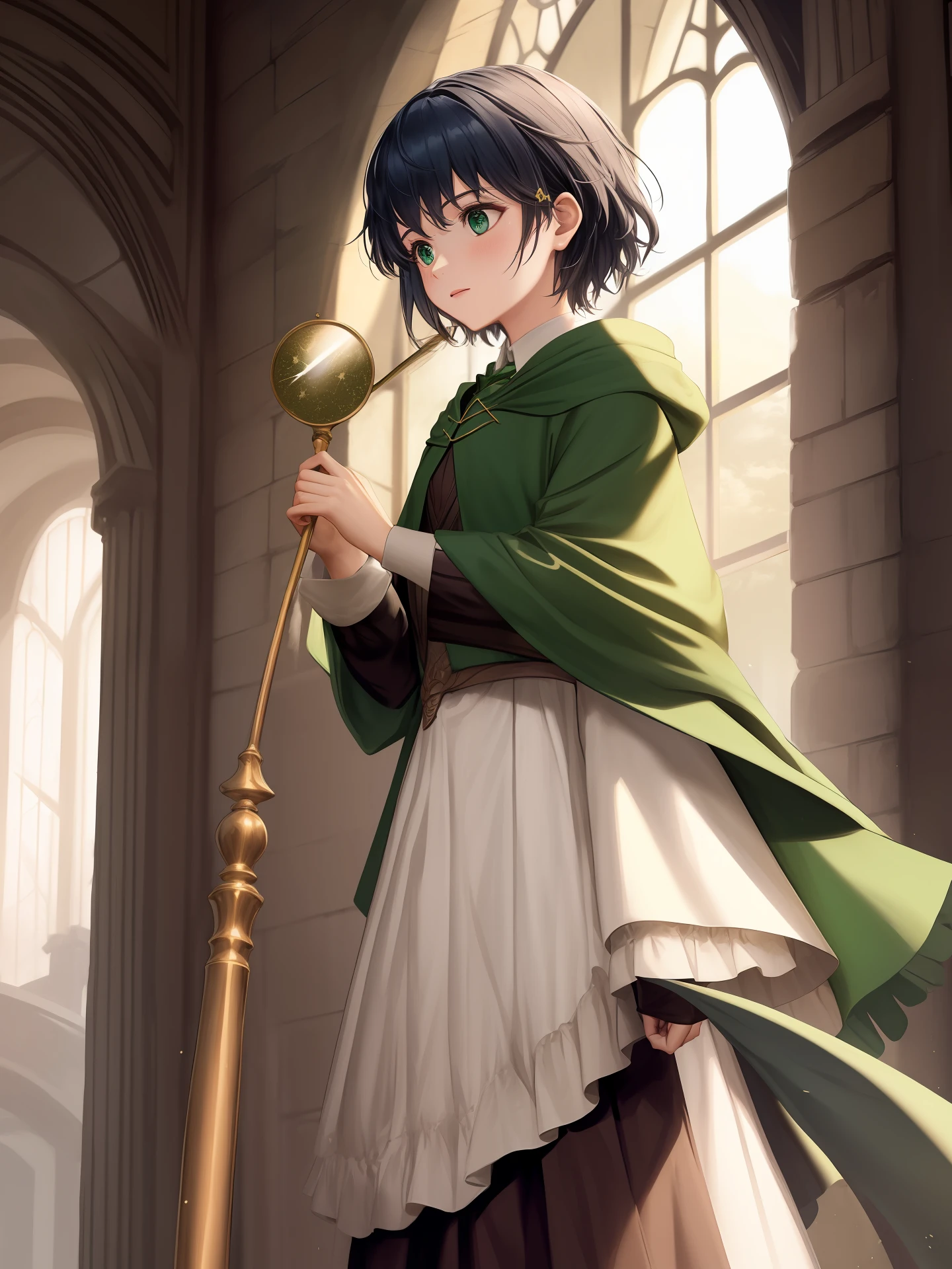 Realistic, Harry Potter Slytherin clothes, casting a spell, SHORT HAIR.
